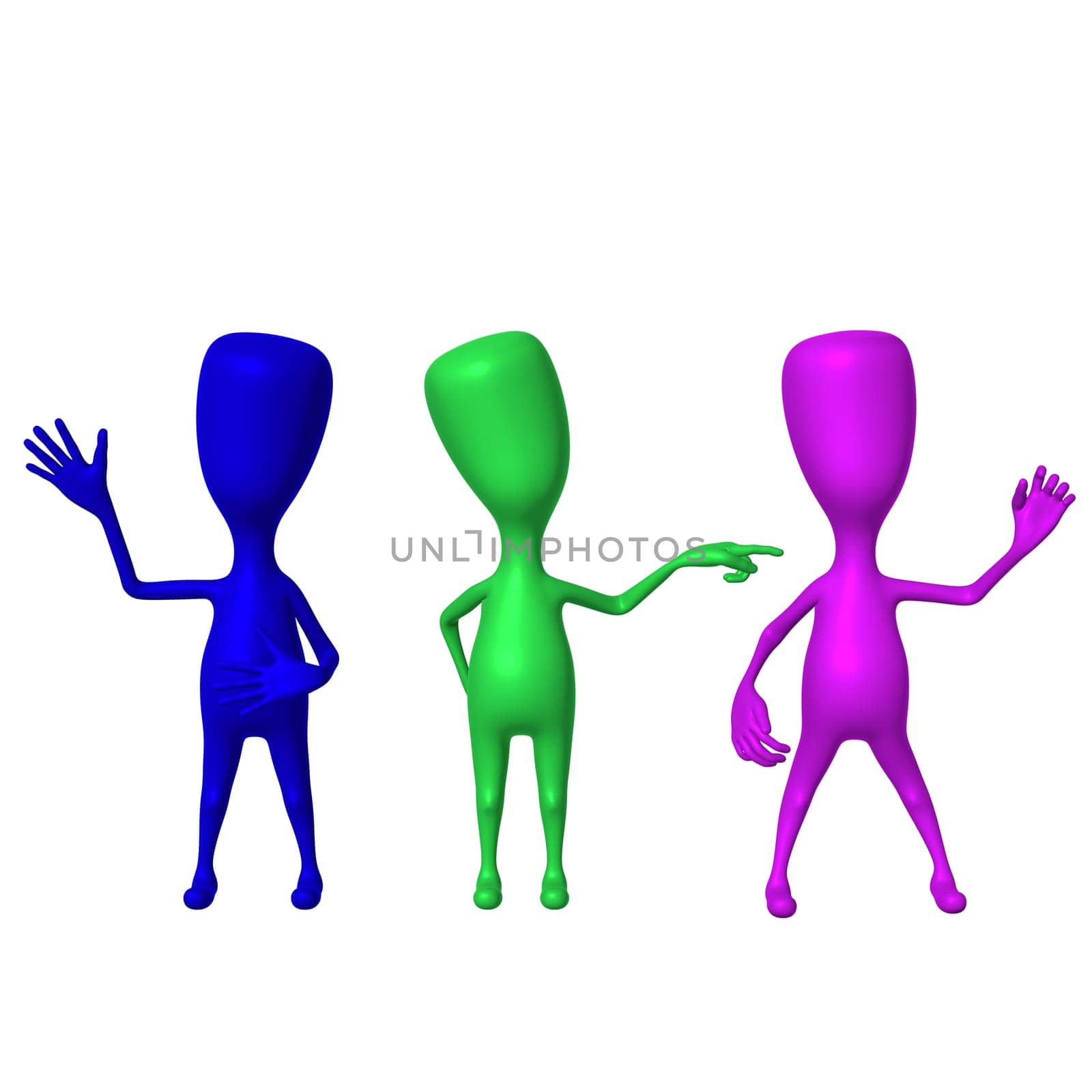 Three 3d puppet with strange shape show signs