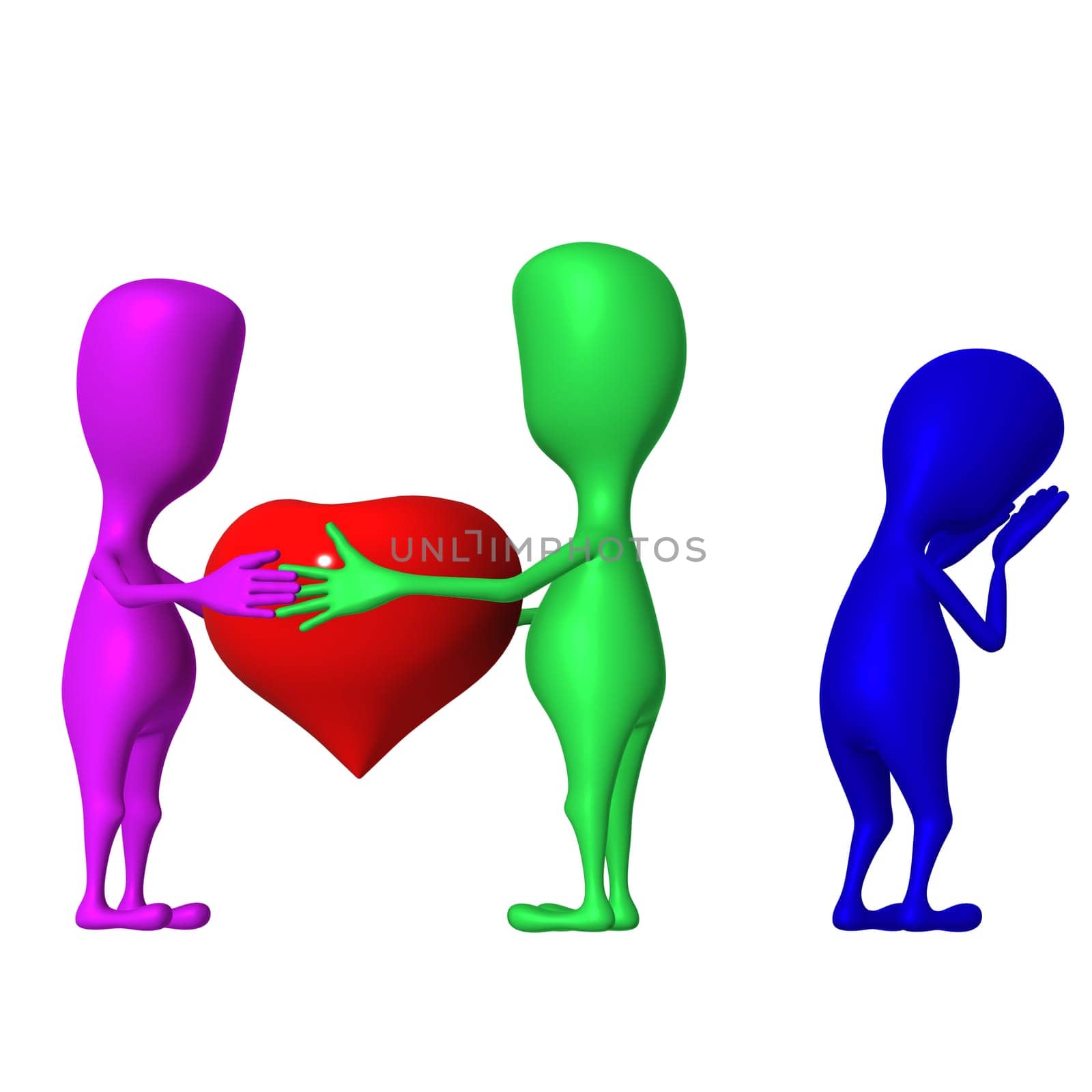Different three 3d puppet compose standard love triangle