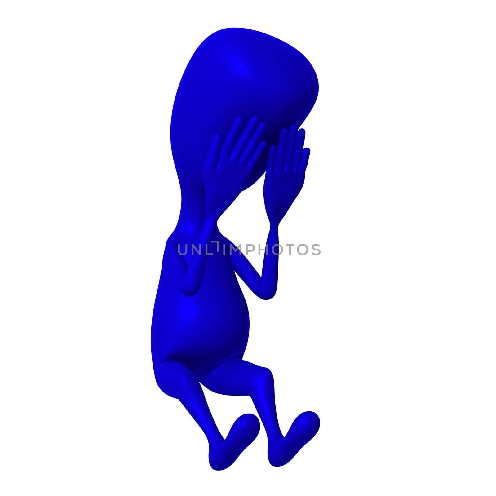 One blue 3d puppet cry at white background
