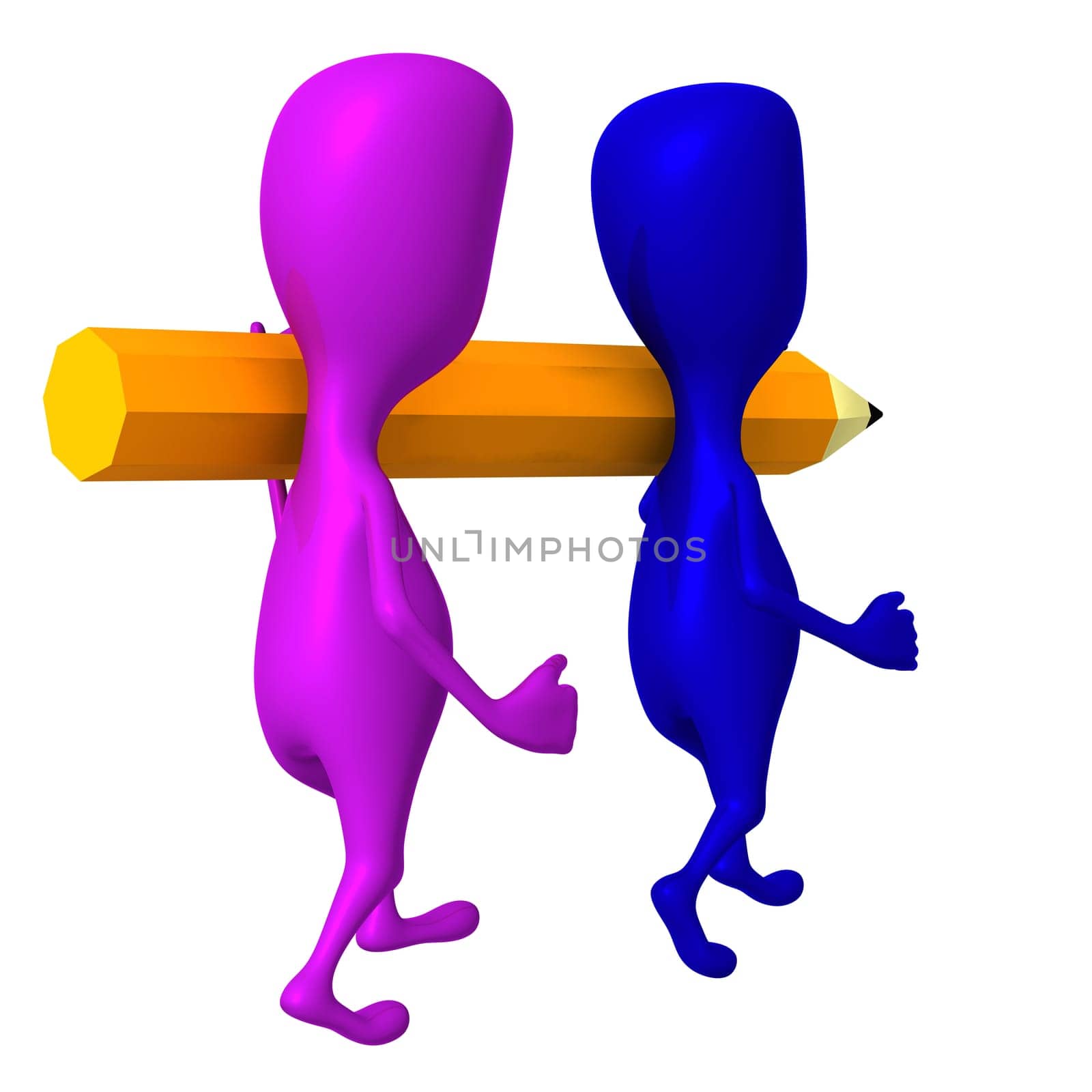 Behind view two 3d puppets bear yellow pencil