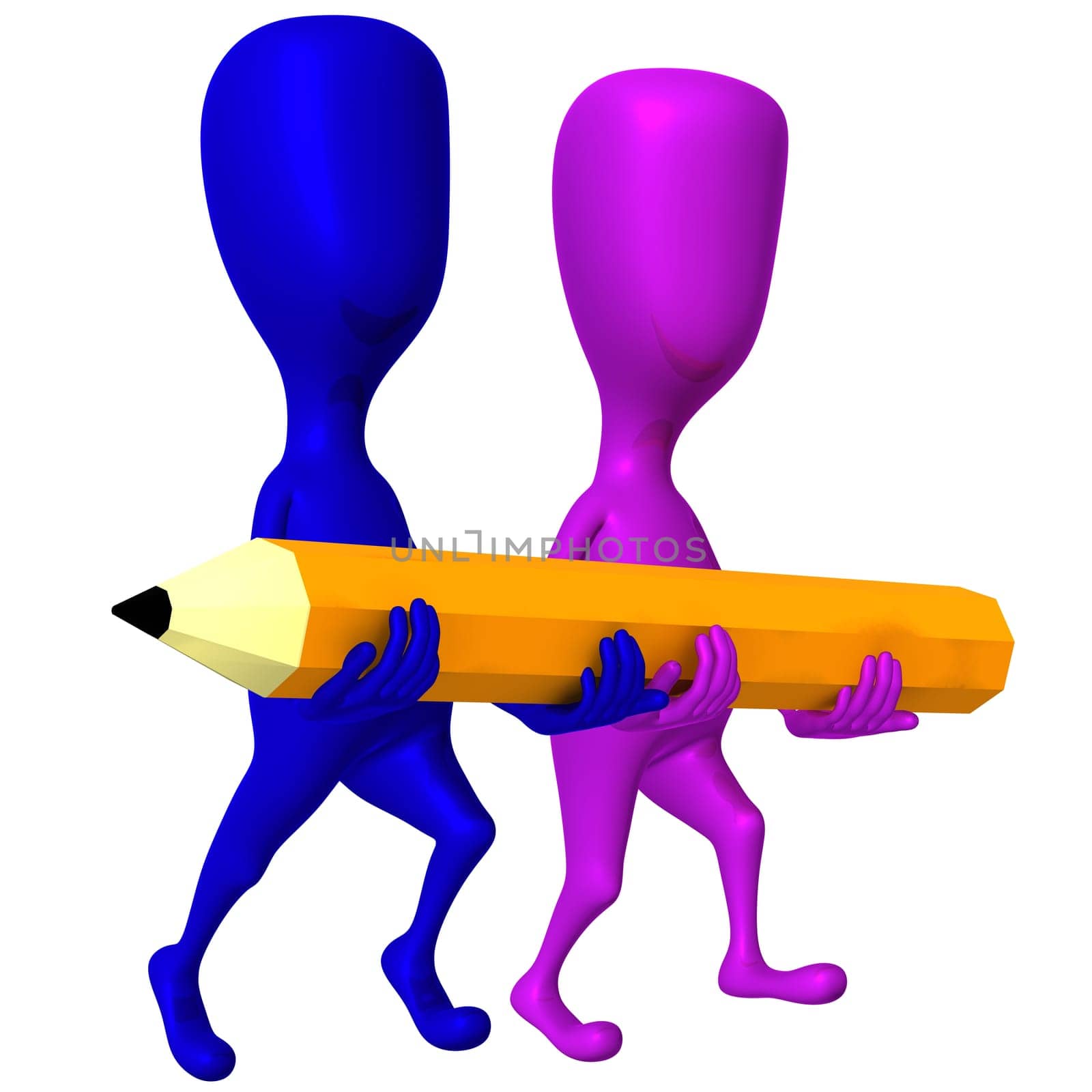 Side view two 3d puppets carry yellow pencil