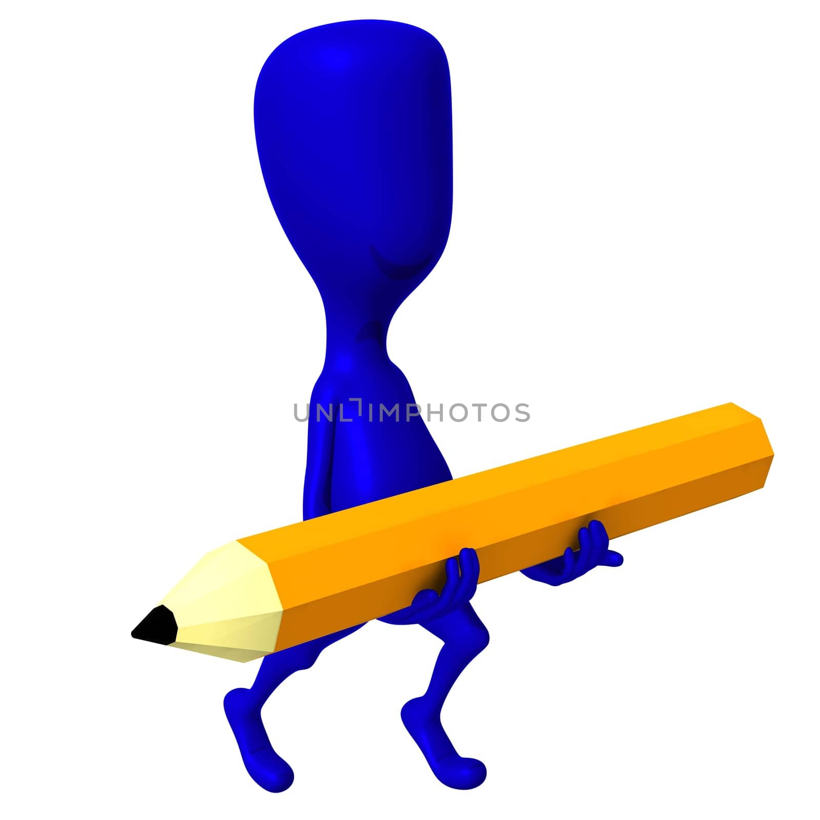 Side view one 3d puppet carry yellow pencil