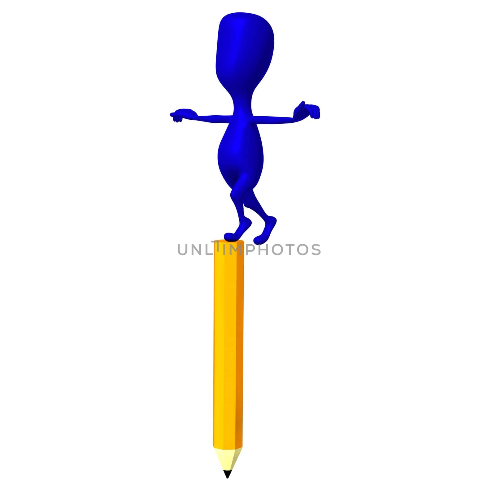 One 3d puppet balance on big yellow pencil
