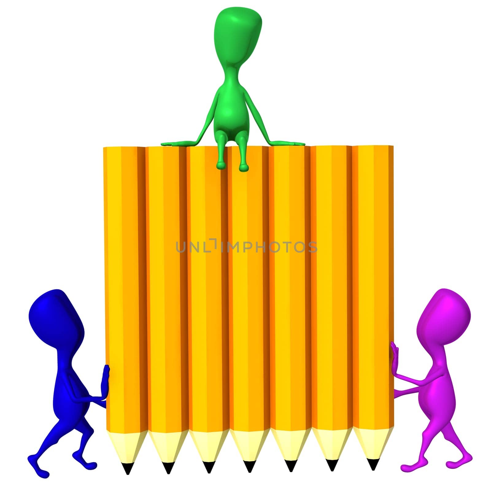 Front view 3d puppets hold wall from pencils