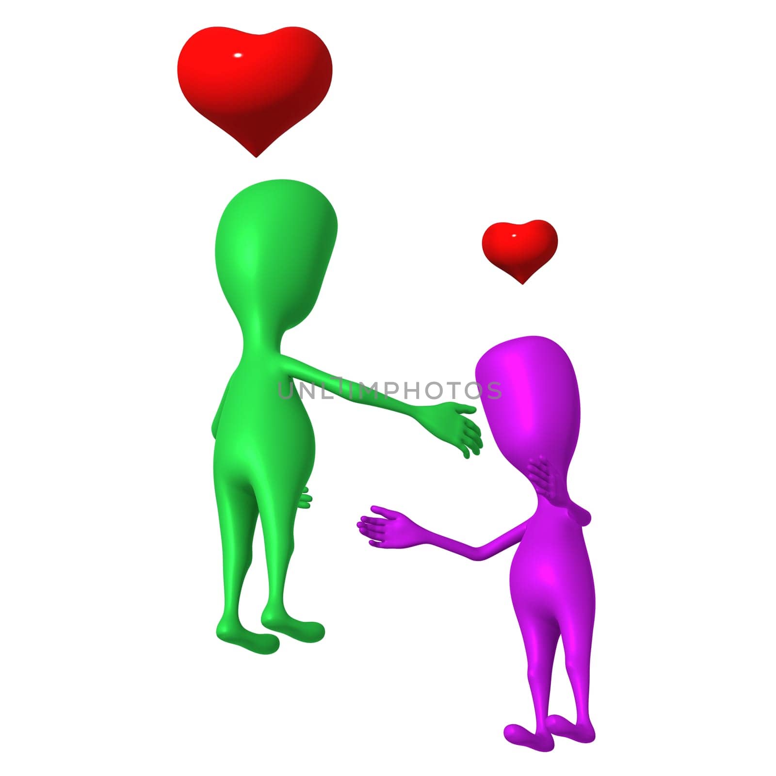 Two 3d puppet feeling love to each other