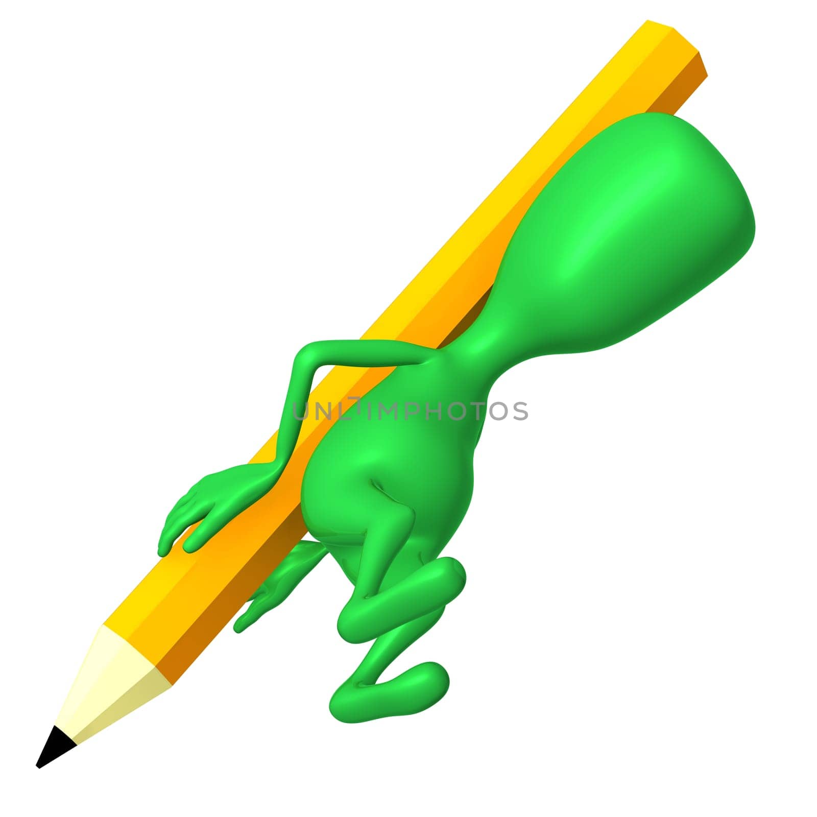 Under view 3d puppet bearing heavy yellow pencil