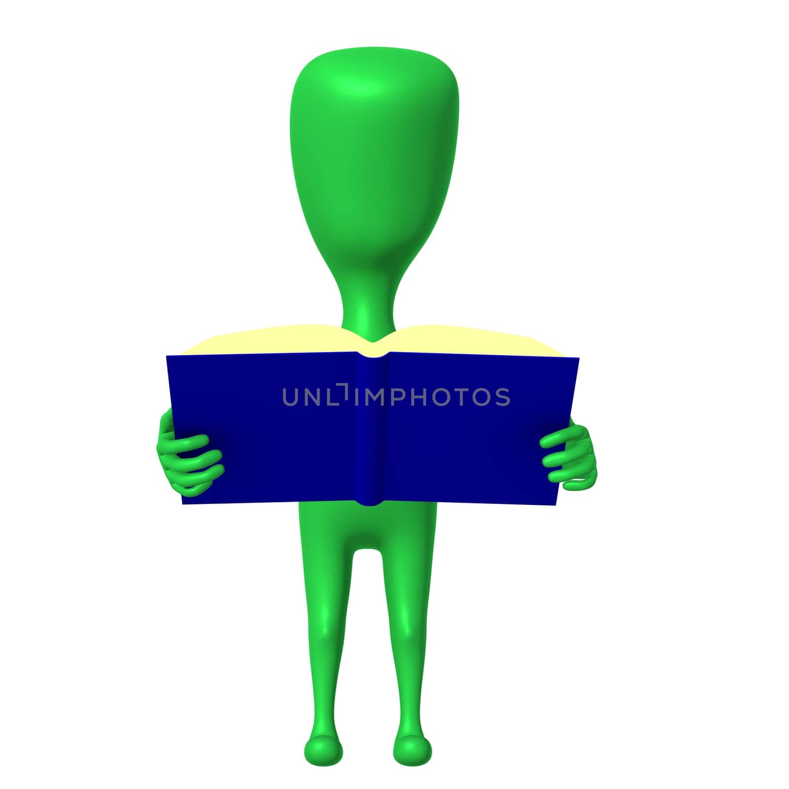 Front view green 3d puppet reading blue book