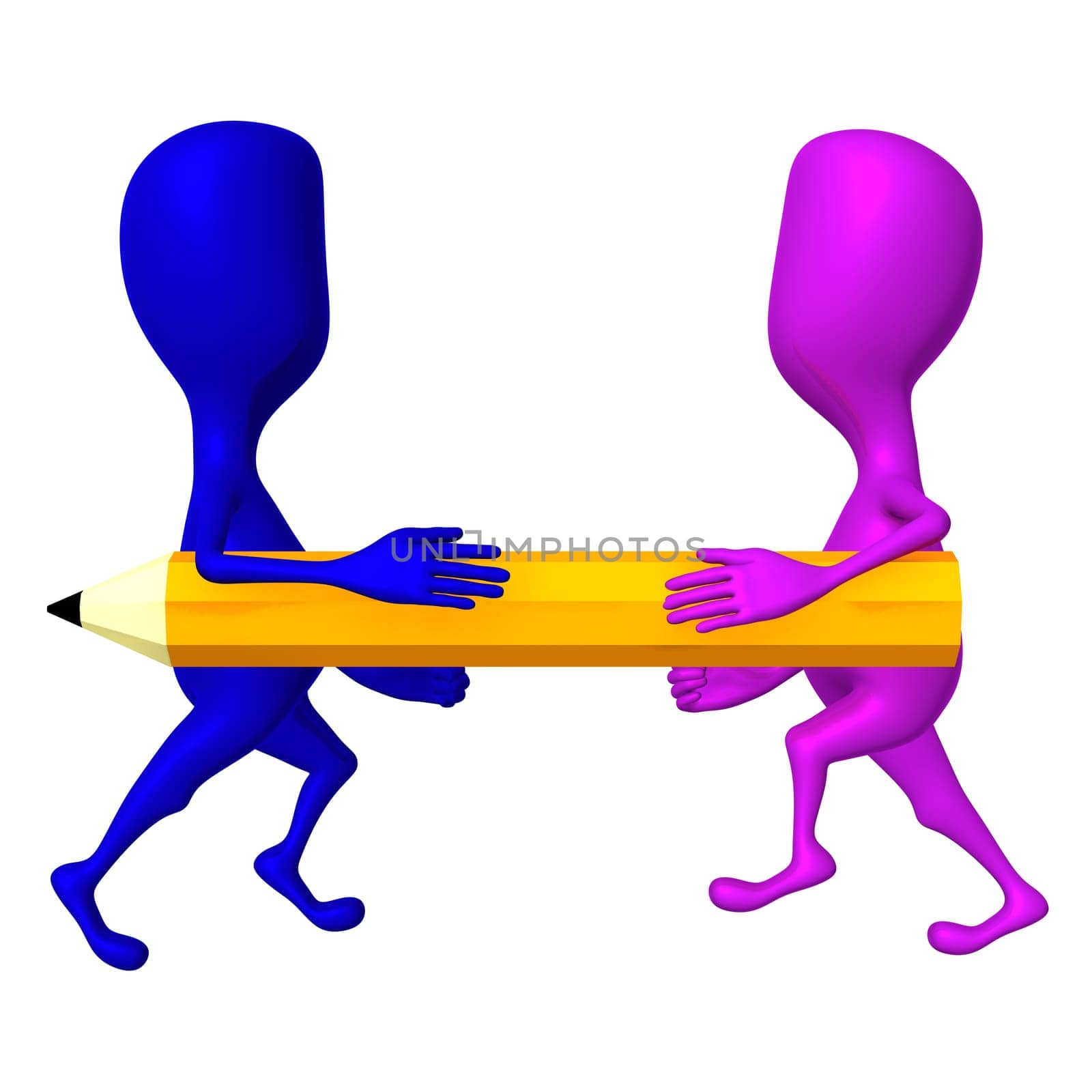Two different 3d puppets scrimmage for yellow pencil