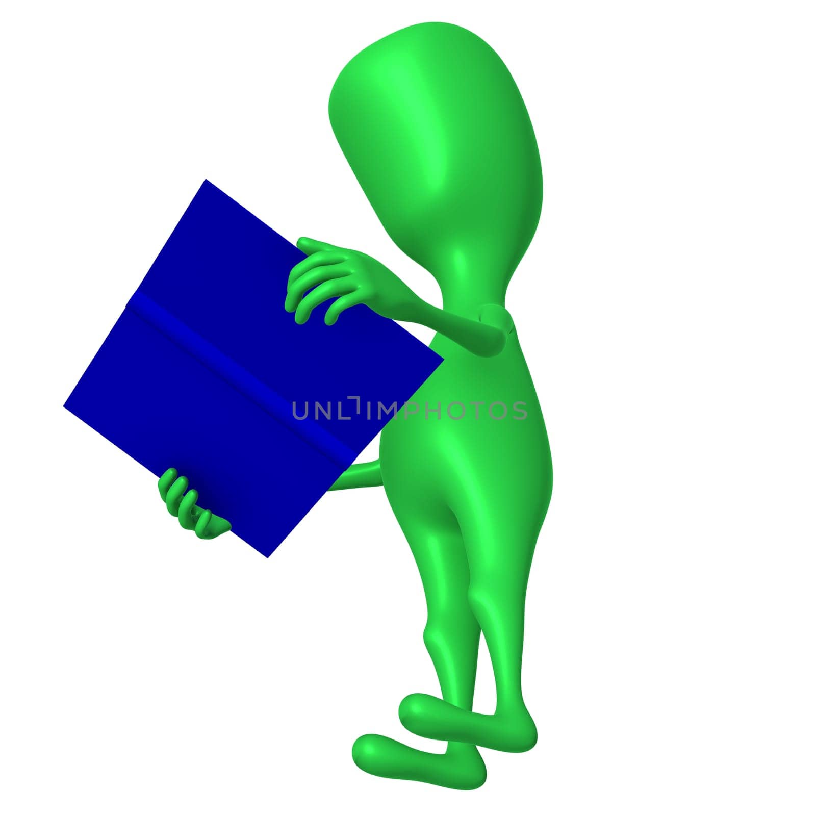 Under view green 3d puppet reading blue book
