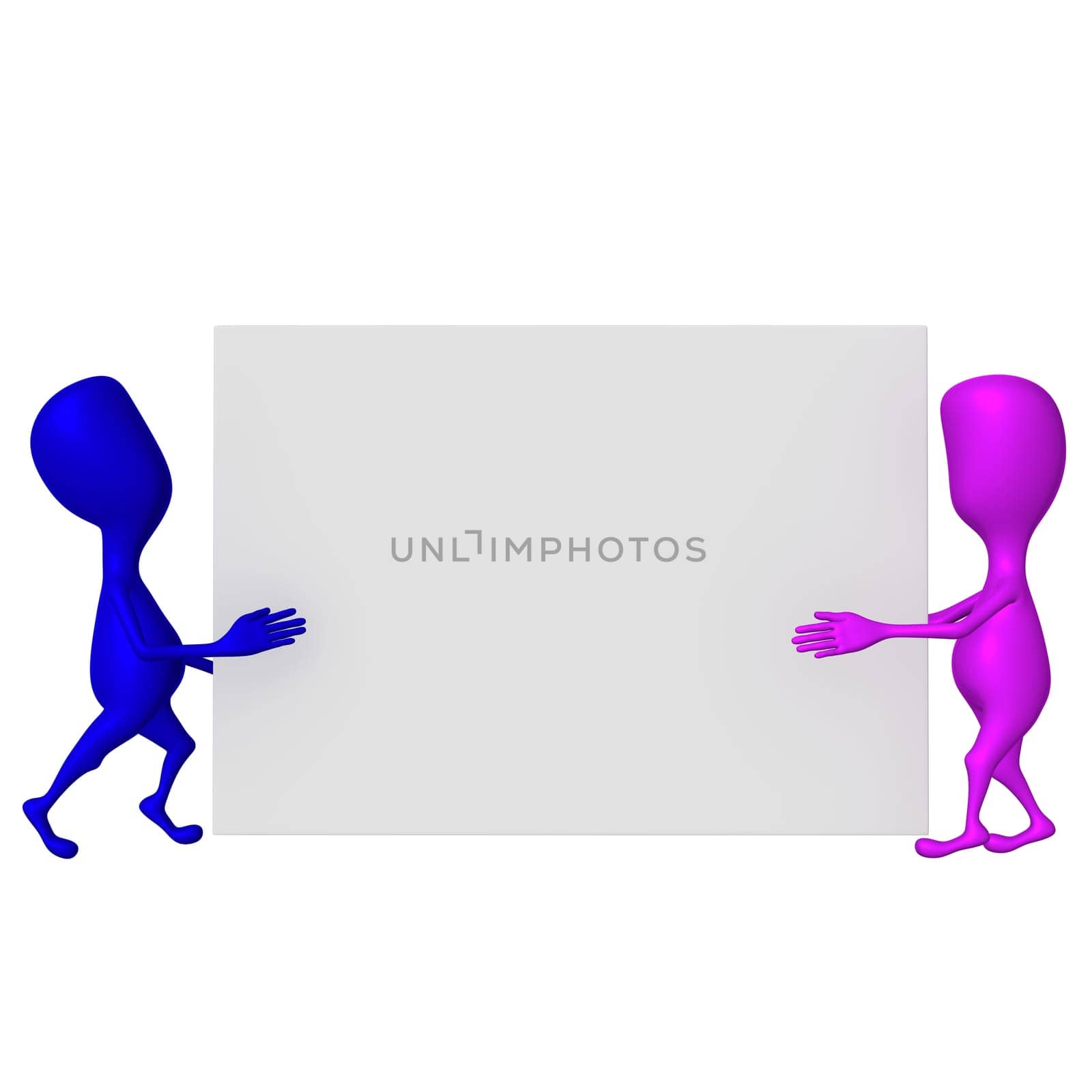 Two 3d puppet carring squared grey screen together