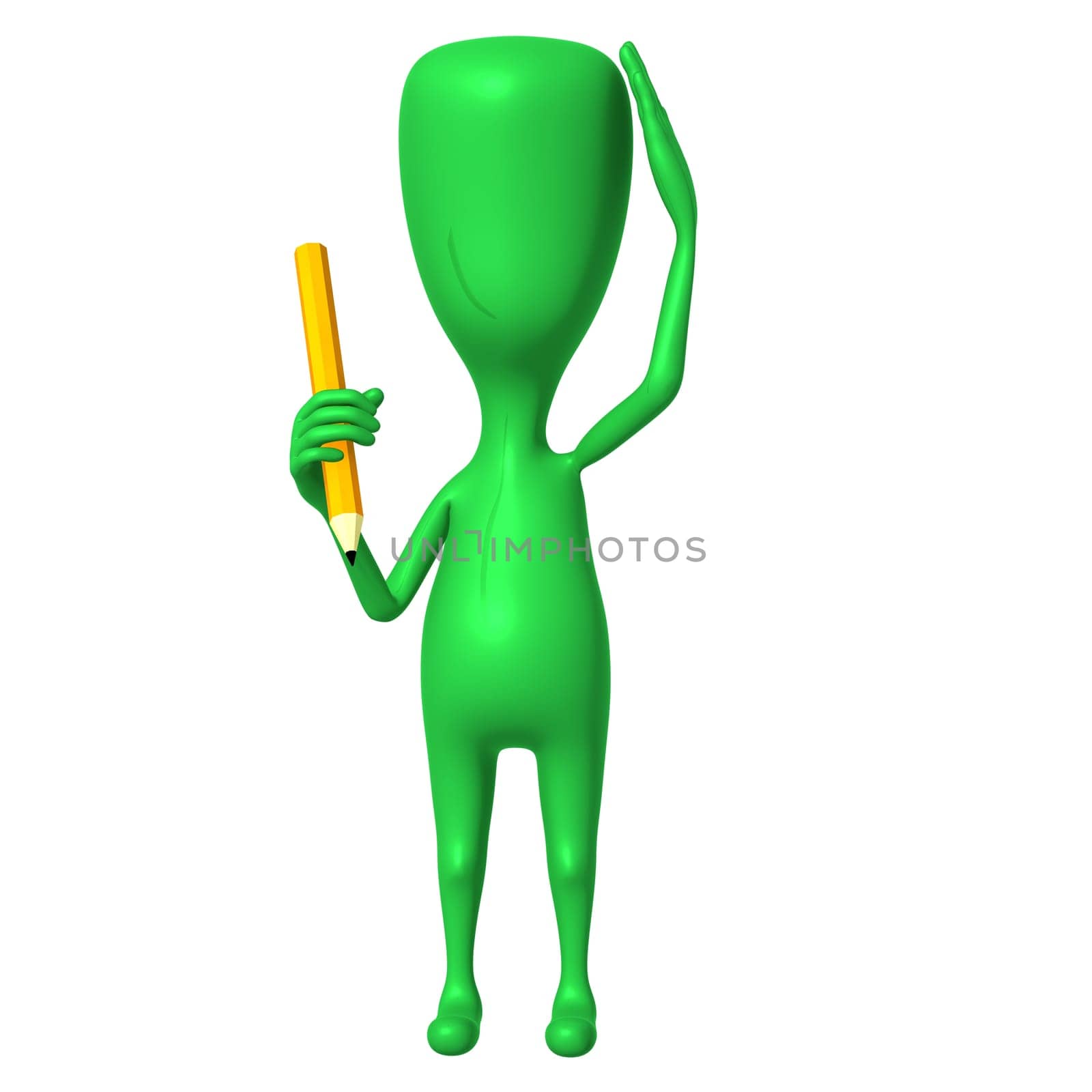 Front view 3d puppet thinking about yellow pencil