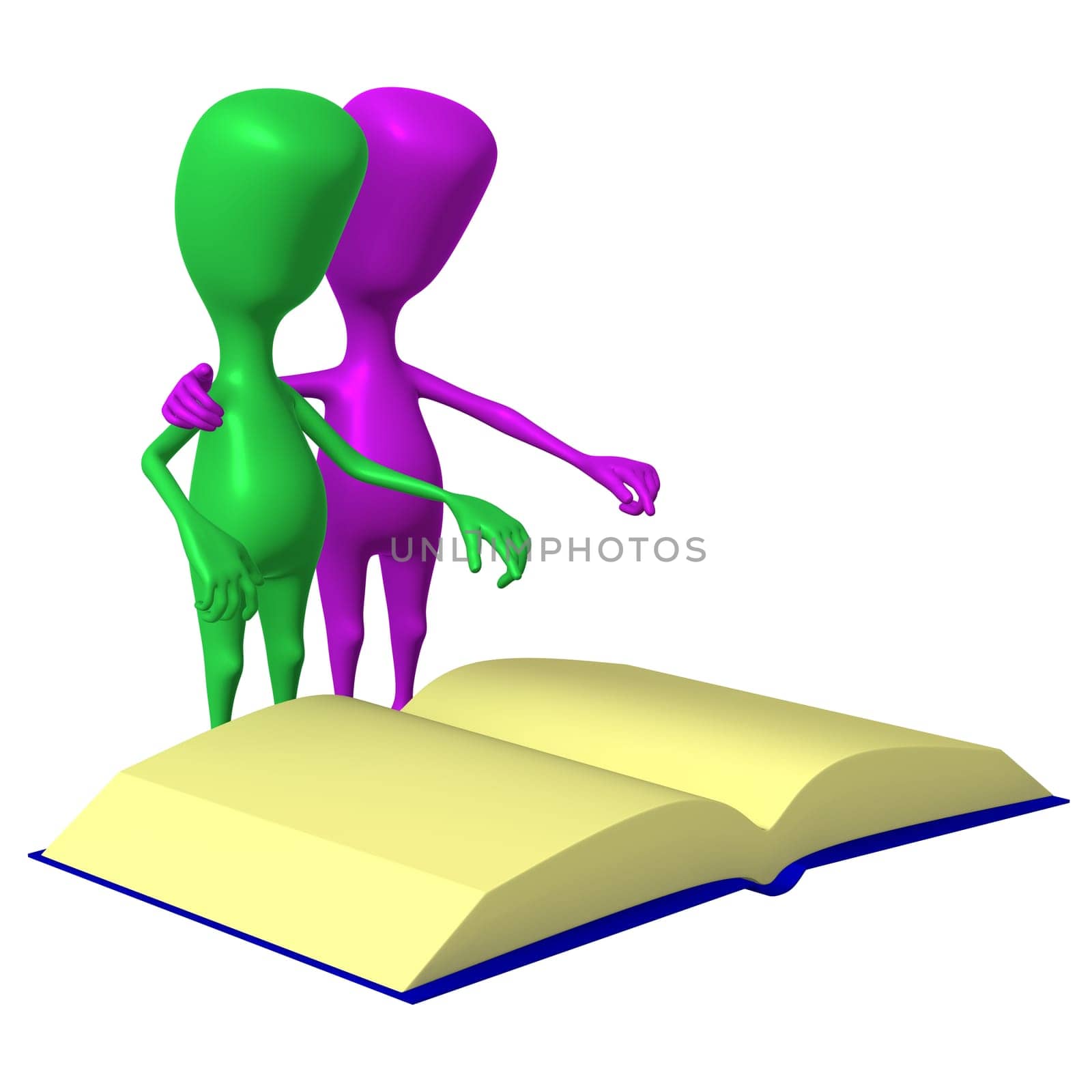 Side view two 3d puppets reading big book