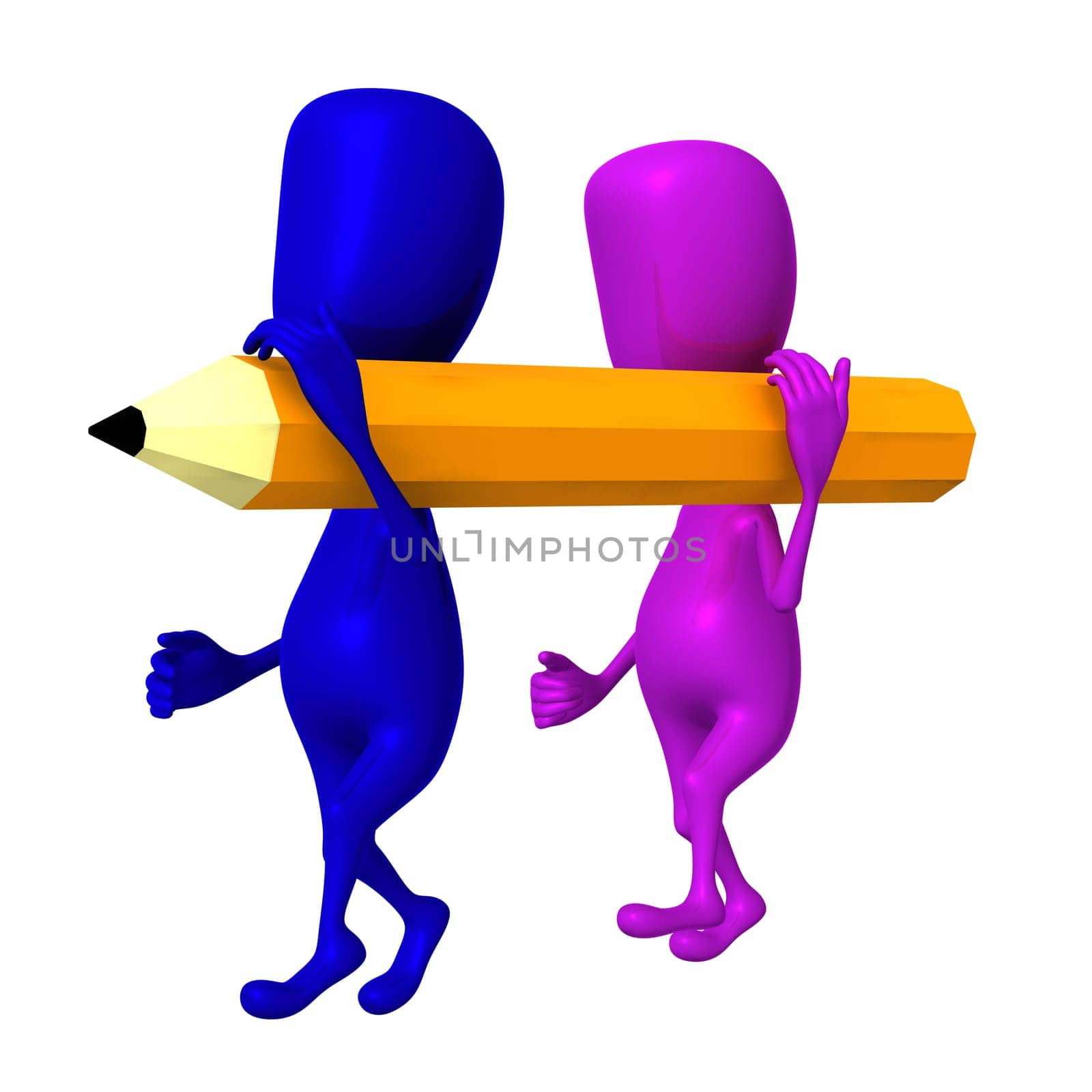 Front view two 3d puppets bear yellow pencil