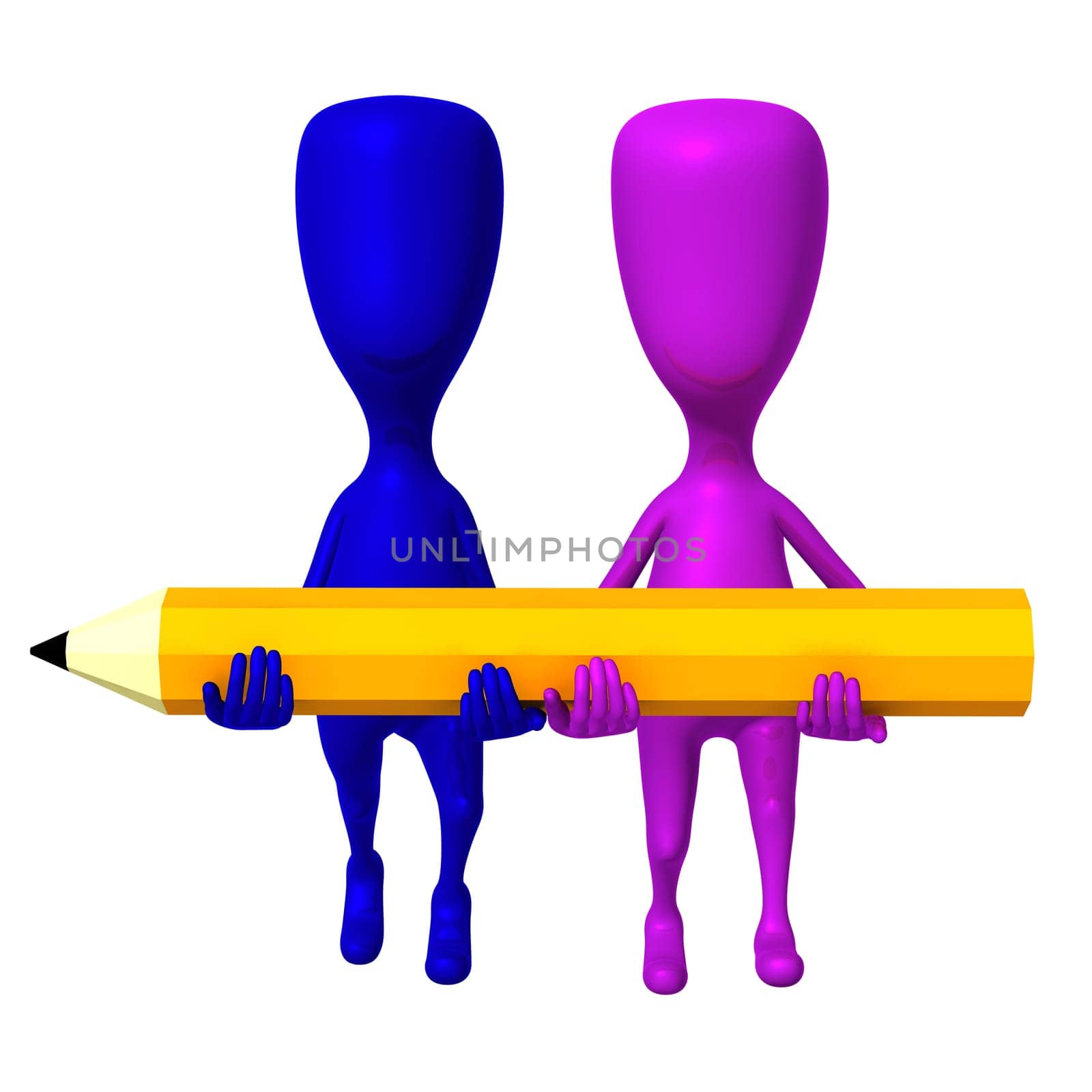 Front view two 3d puppets carry yellow pencil