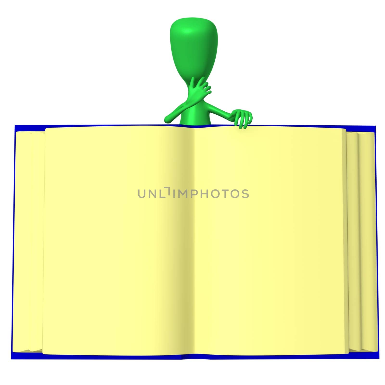 Front view one 3d puppet behind big book