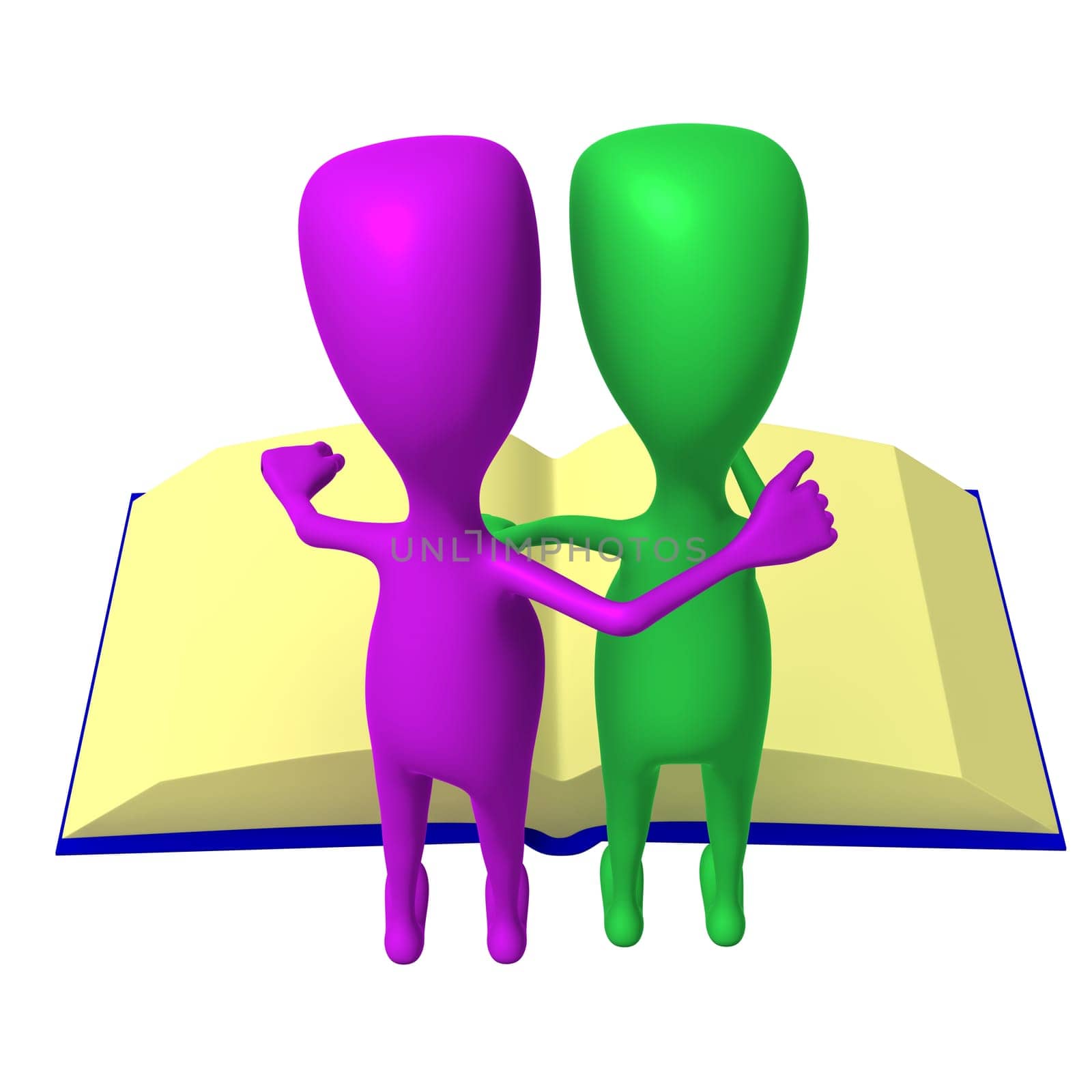 Behind view two 3d puppets reading big book