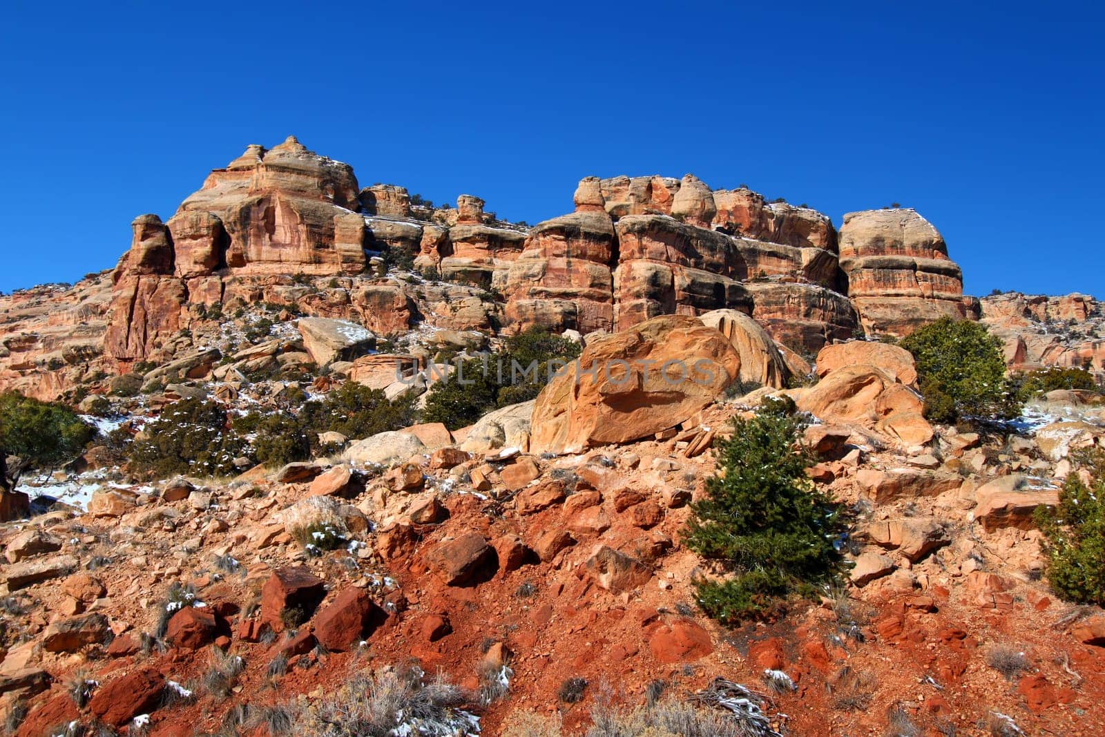 Rugged rocky scenery of Colorado National Monument on a winter day.