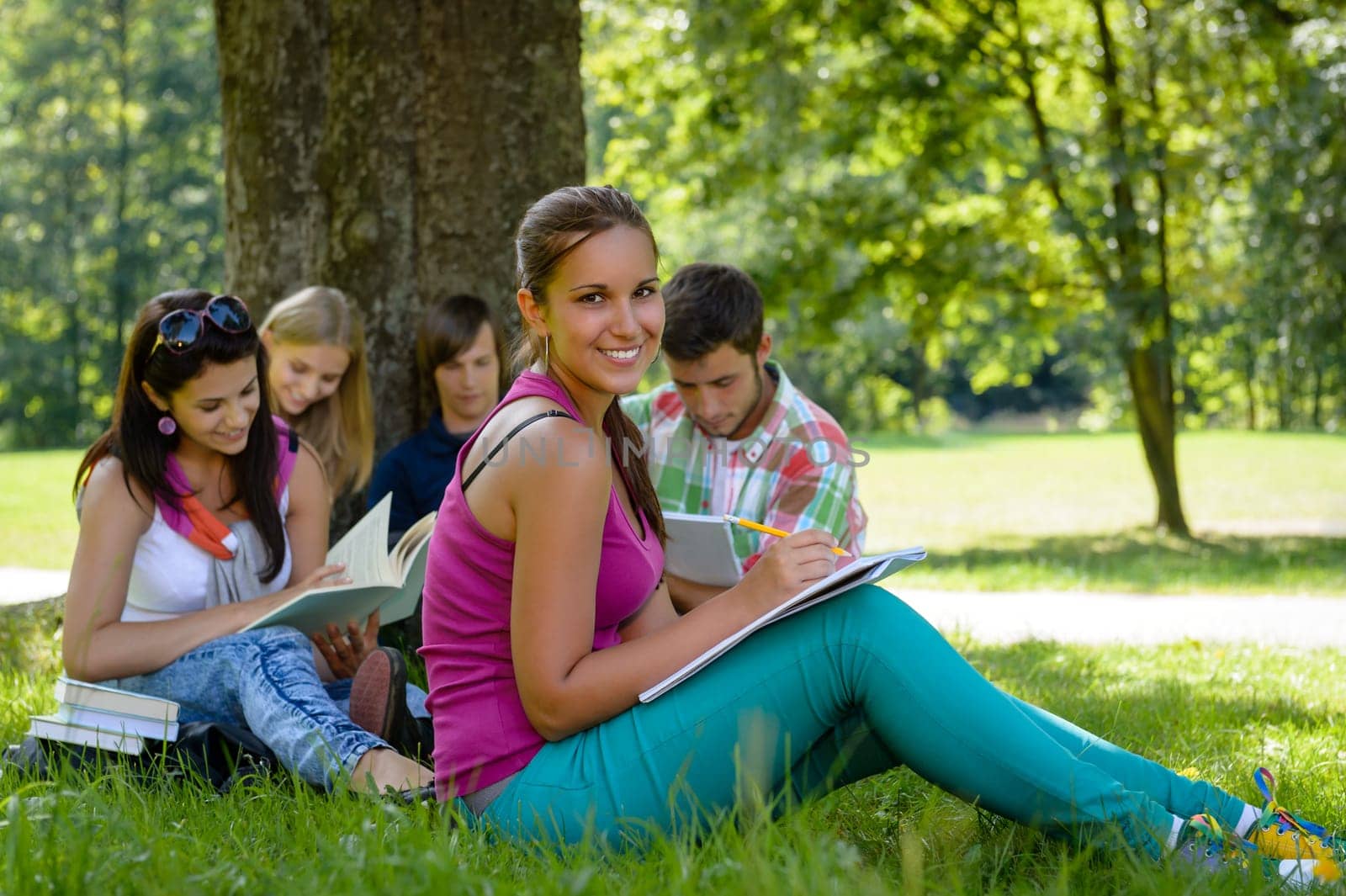 Students studying on meadow in park teens writing reading campus