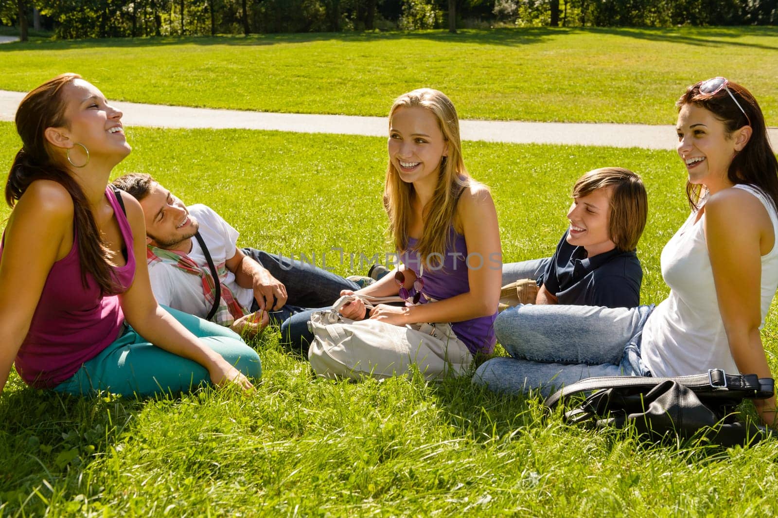 Teens sitting on lawn in park talking friends happy leisure