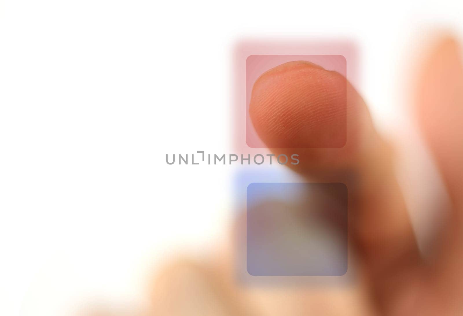 Finger touching one of two buttons over white, with copy space. Conceptual for making choices, touch-screen technologies.