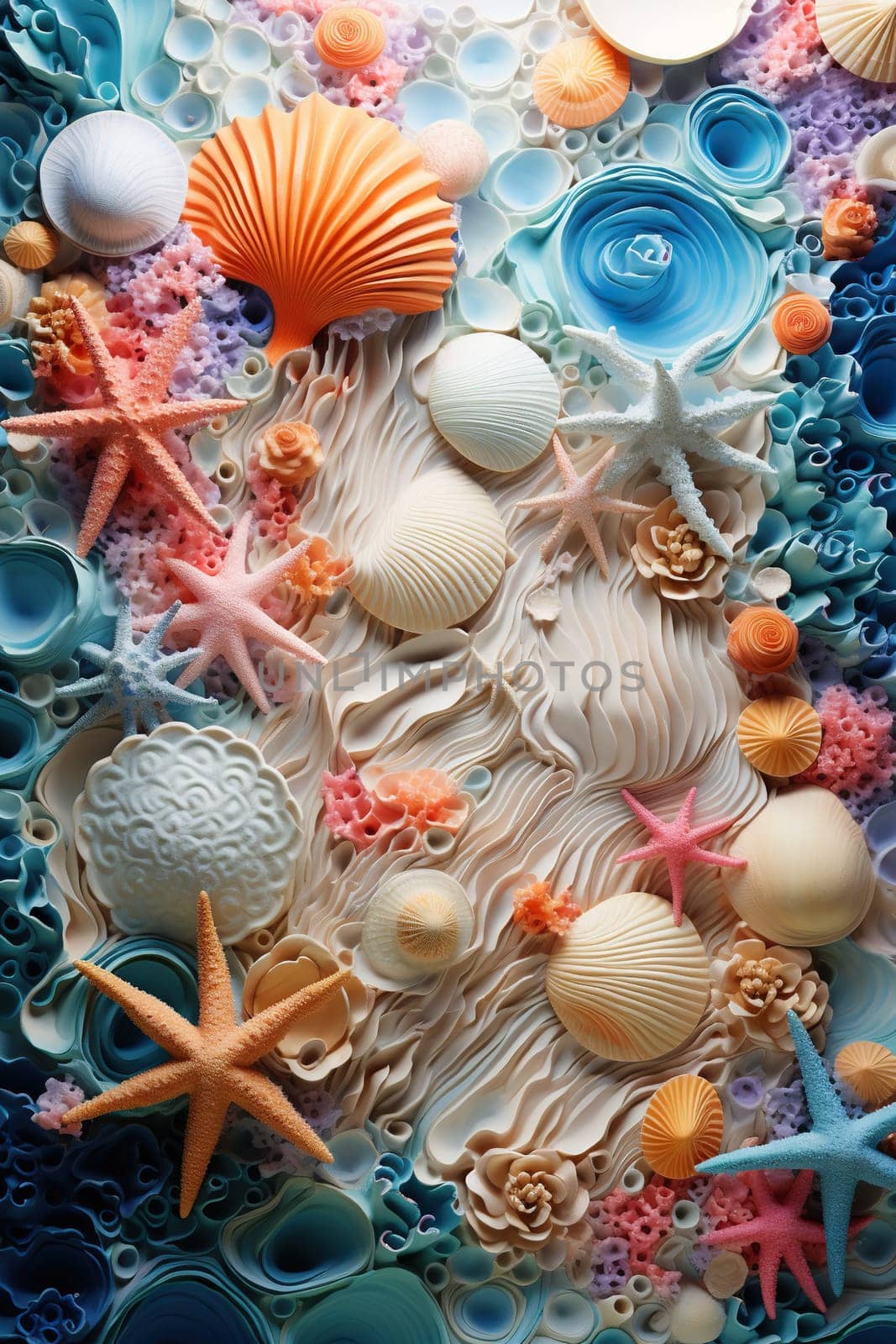 Ocean elements. Algae, corals, shells and tubulars. Marine decorative set. Underwater ecosystem, aquatic natural creatures. Generated by artificial intelligence by Vovmar