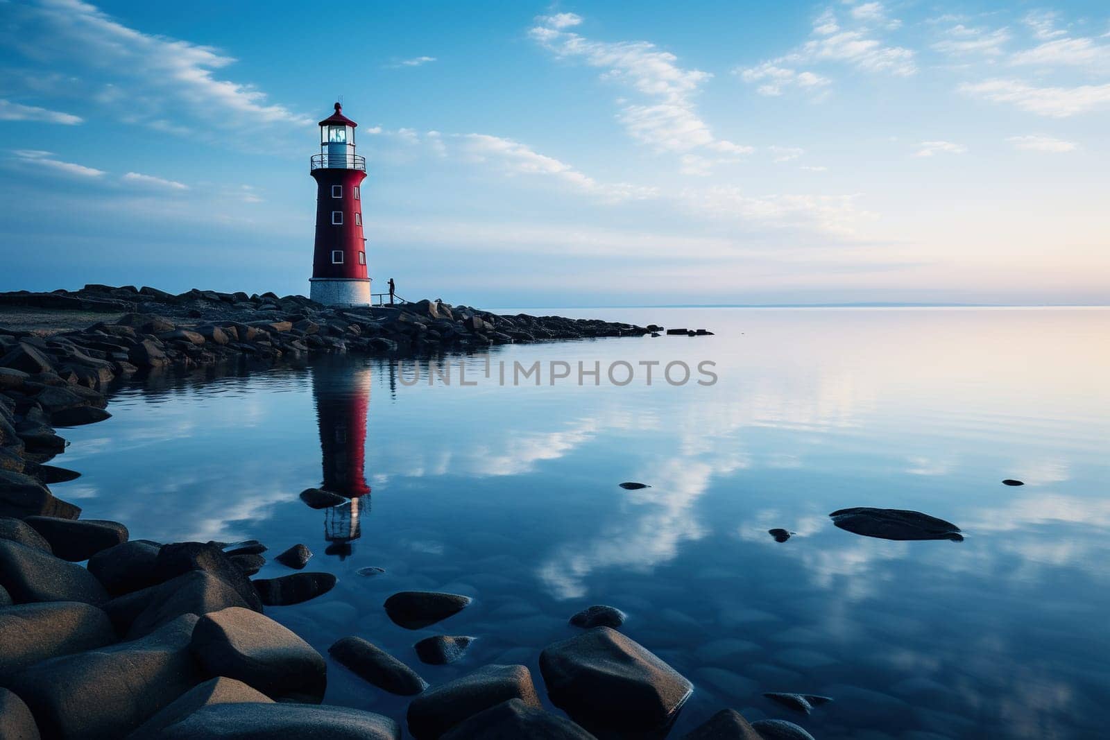 Lighthouse on the seashore, beautiful landscape. Seascape, signal building on the seashore. Coastal landscape with a lighthouse. Generated by artificial intelligence by Vovmar