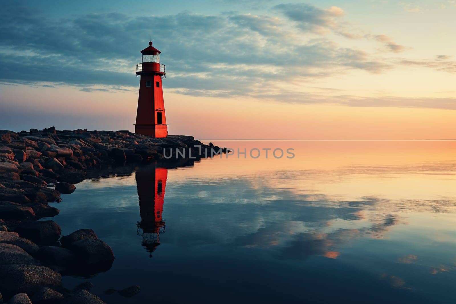 Lighthouse on the seashore, beautiful landscape. Seascape, signal building on the seashore. Coastal landscape with a lighthouse.