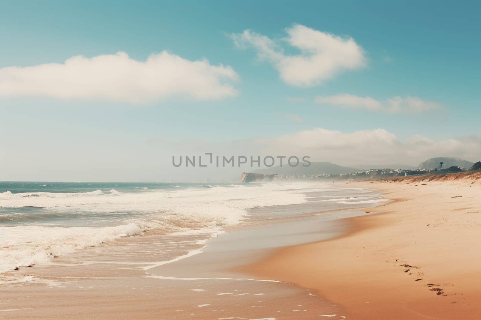 Seascape with an empty beach and beautiful blue water. Vacation, travel, beach holiday concept.