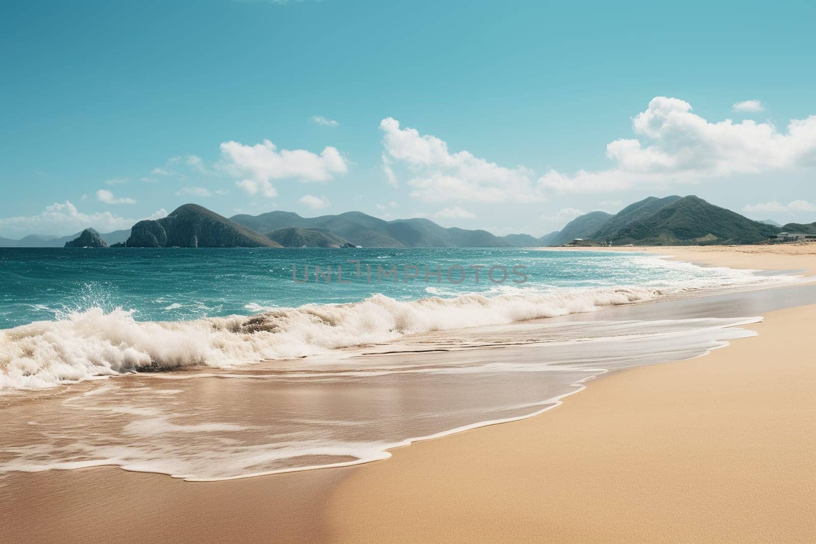 Seascape with empty beach, mountains and beautiful blue water. Vacation, travel, beach holiday concept.