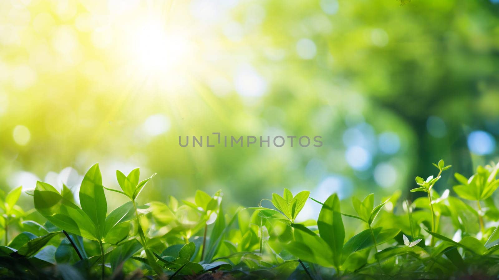 Green leaves against blurred sunny background, ecology concept - AI generative