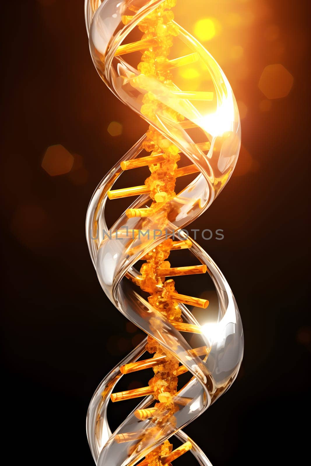 A dazzling and intricate golden and silver DNA strand, shot through radiant light, conjuring visions of scientific discovery and medical marvels - AI generative