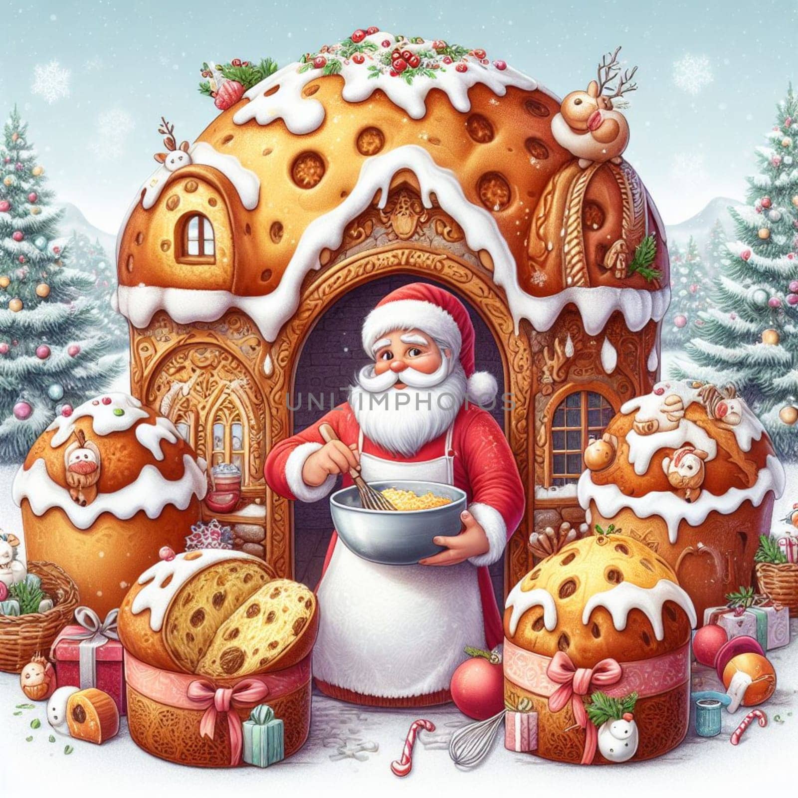 santa claus bake panettone italian christmas sweet cake in xmas atmospehere generative ai art