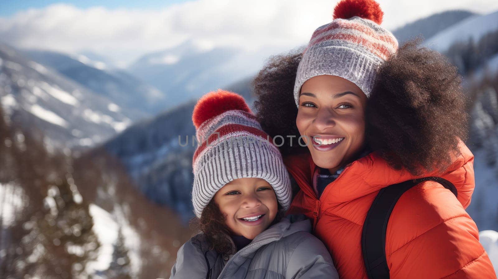 Happy, smiling, afro american family mother with daughter snowy mountains at ski resort, during vacation and winter holidays. Concept of traveling around the world, recreation, winter sports, vacations, tourism in the mountains and unusual places.
