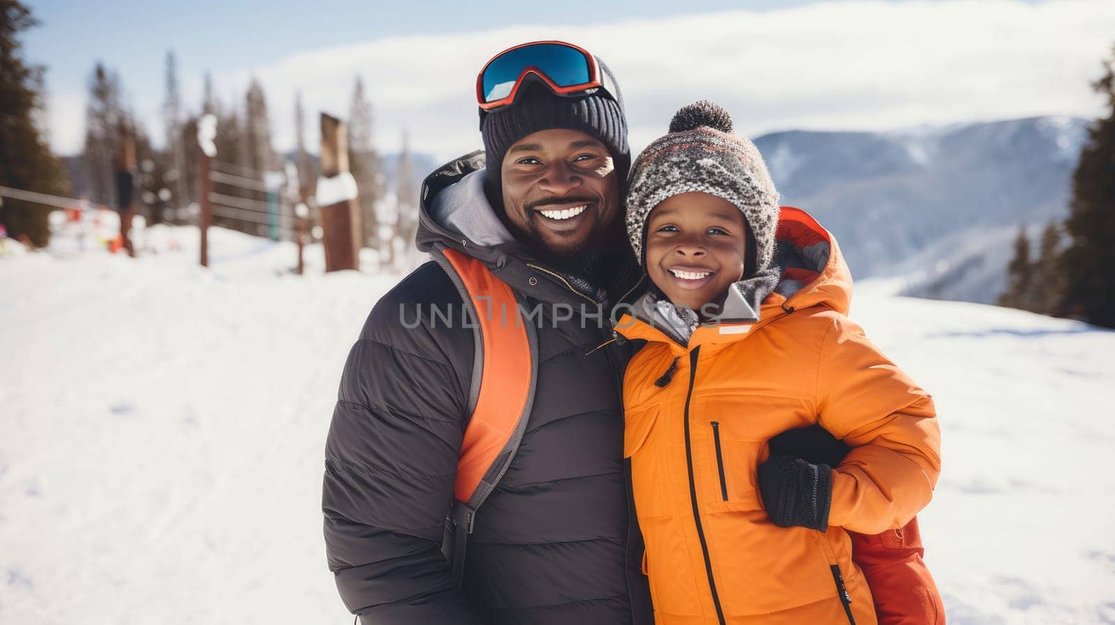 Happy, smiling, afro american young, couple in love snowy mountains at ski resort, during vacation and winter holidays. Concept of traveling around the world, recreation, winter sports, vacations, tourism in the mountains and unusual places.