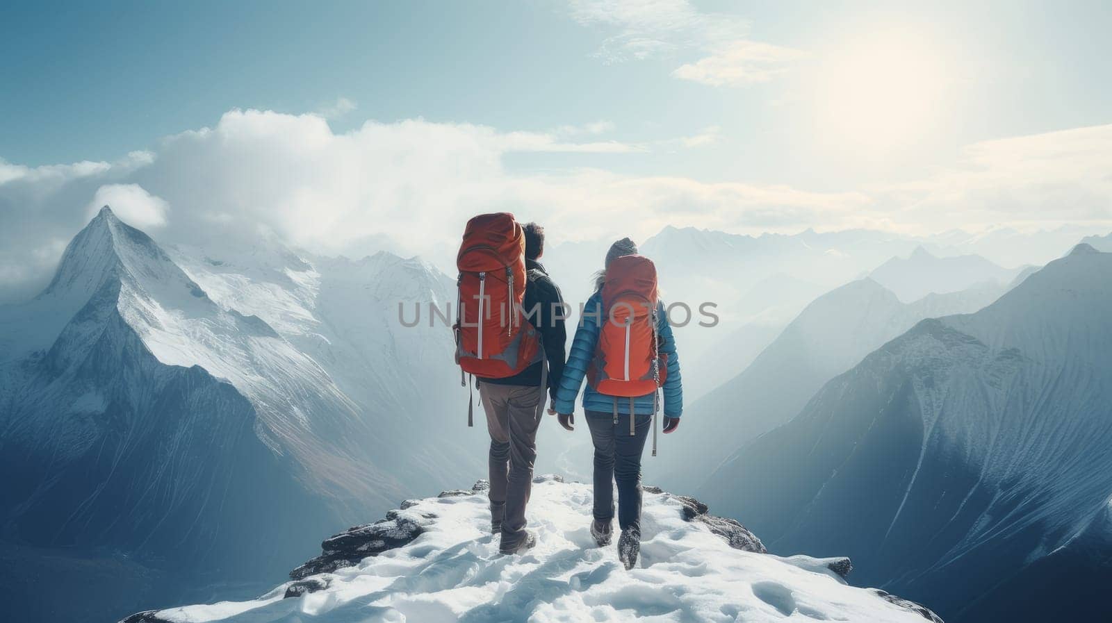 Happy, young loving couple high on snowy mountains at a ski resort, during vacation and winter holidays. Concept of traveling around the world, recreation, winter sports, vacations, tourism in the mountains and unusual places.