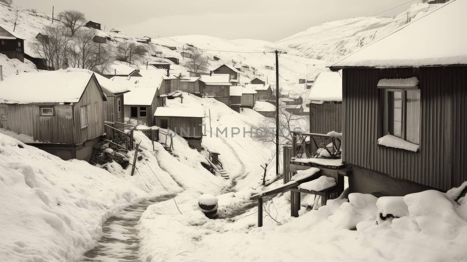 A small cozy, homely house in a village in the distance surrounded by a snow-covered landscape of beautiful nature in the middle of winter, black and white photo. Concept of traveling around the world, recreation, vacations, tourism in unusual places