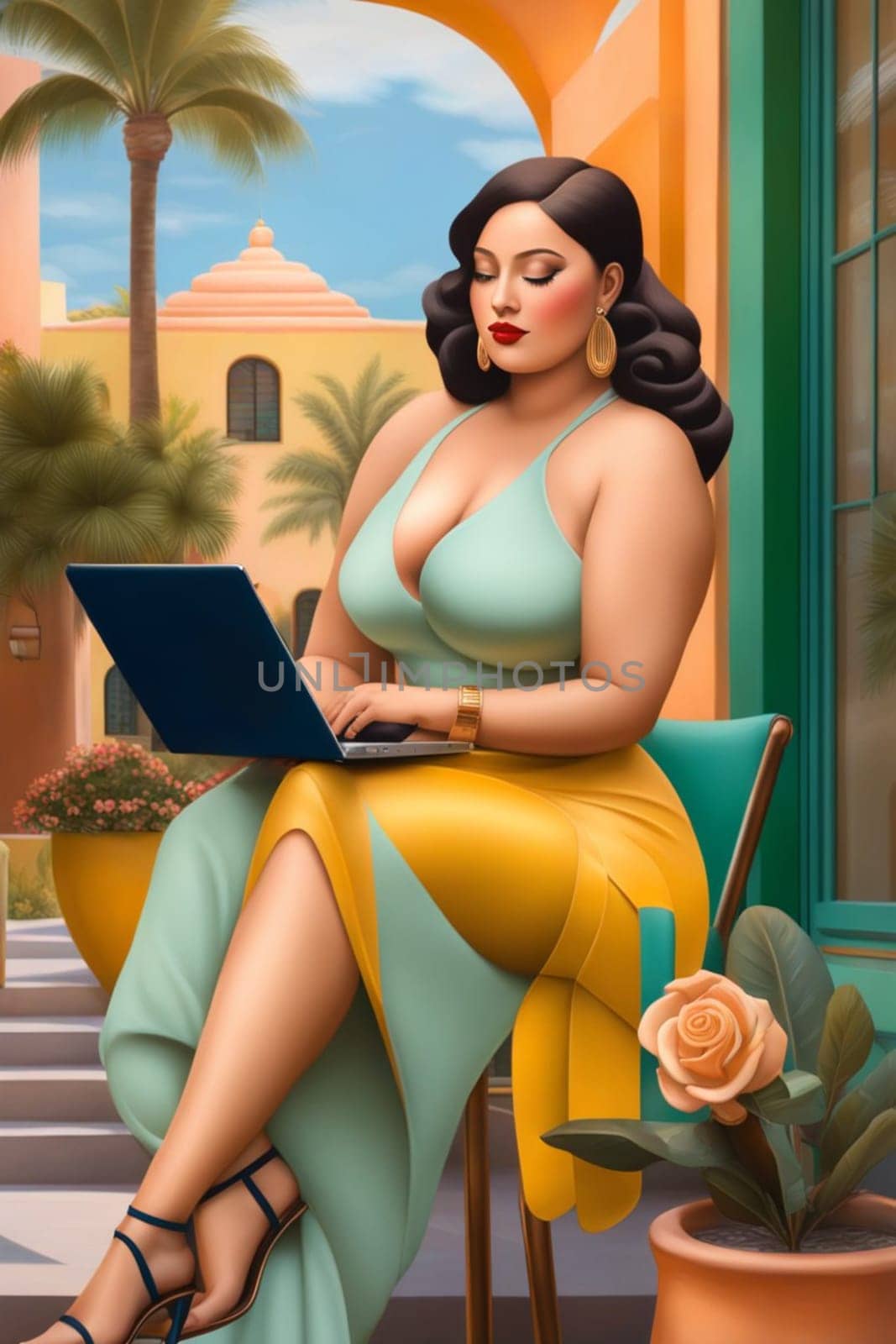 iilustration poster of voluptous female model remote working outdoors in a yard in caribbean villa by verbano
