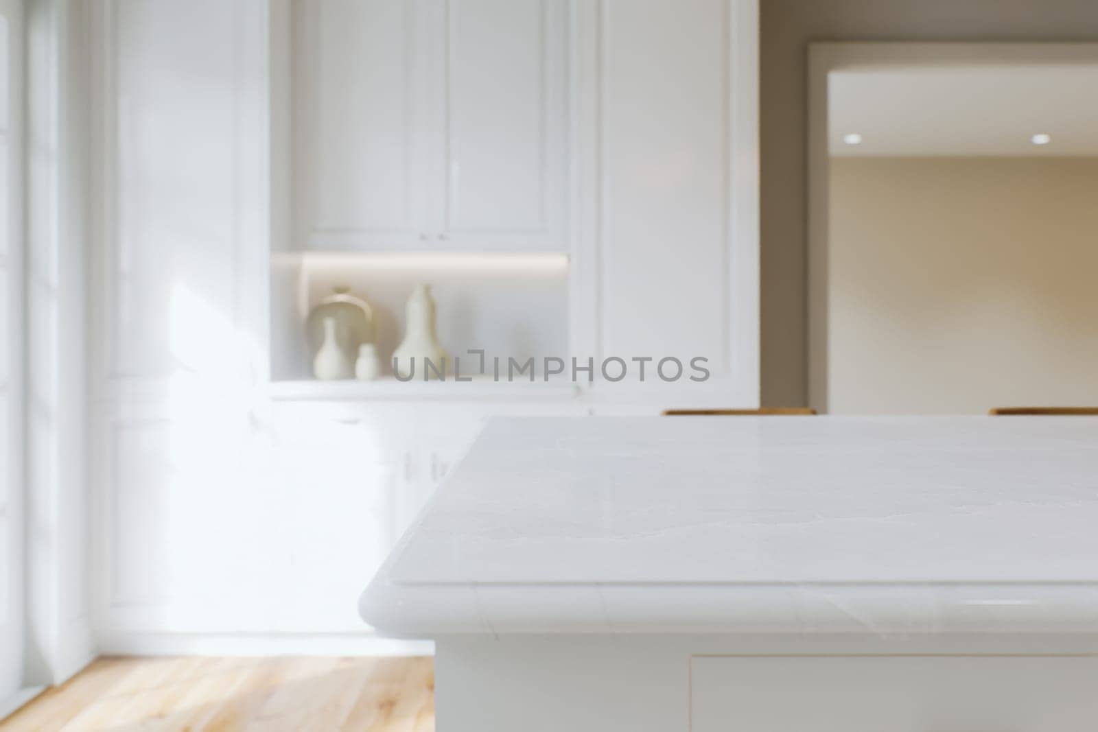 Kitchen white countertop with white marble, with blurred bokeh background. by N_Design