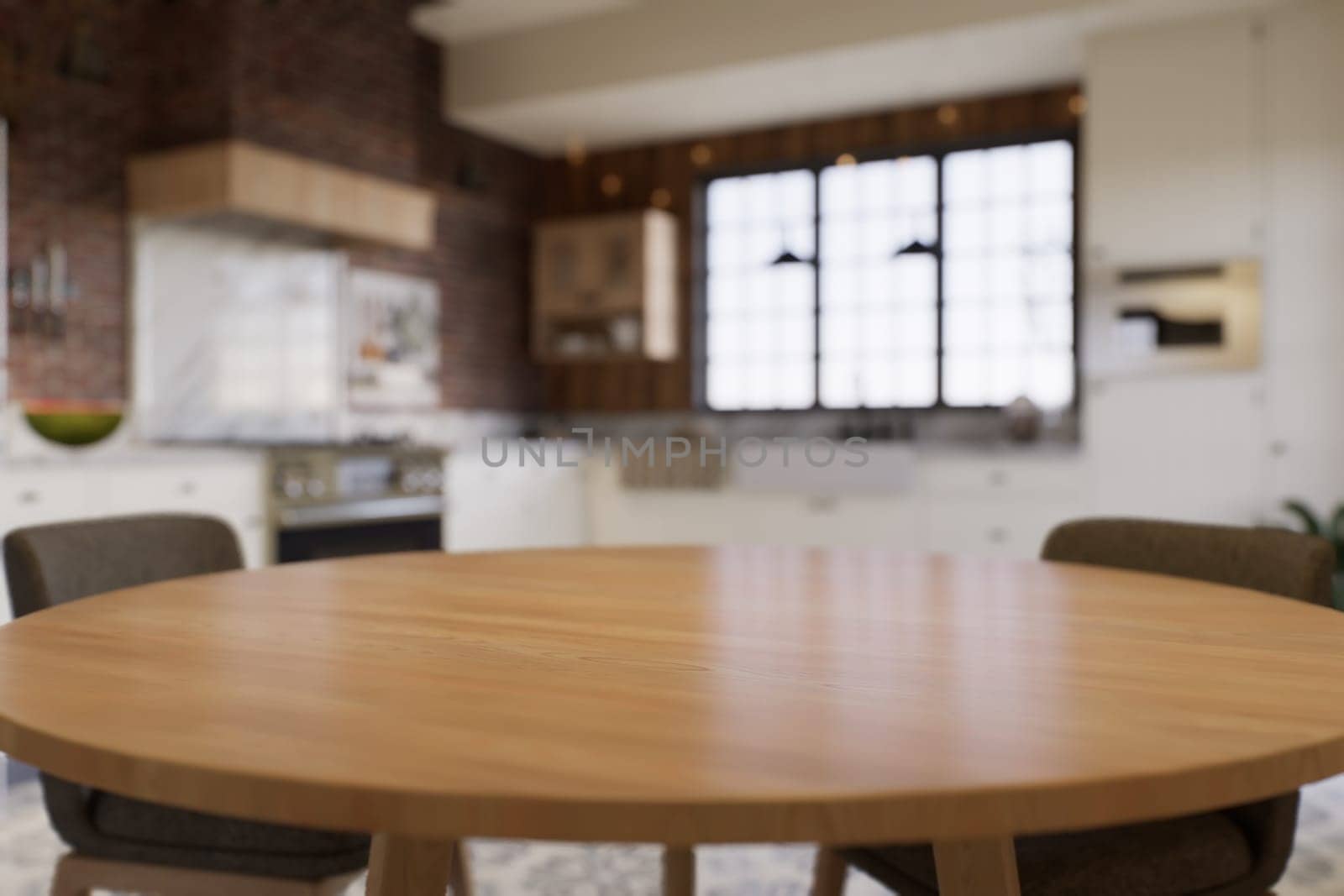 Kitchen with an emphasis on the surface of the kitchen table with a blurred background - a place to place products. L-shaped kitchen with beams and dining table. 3D rendering