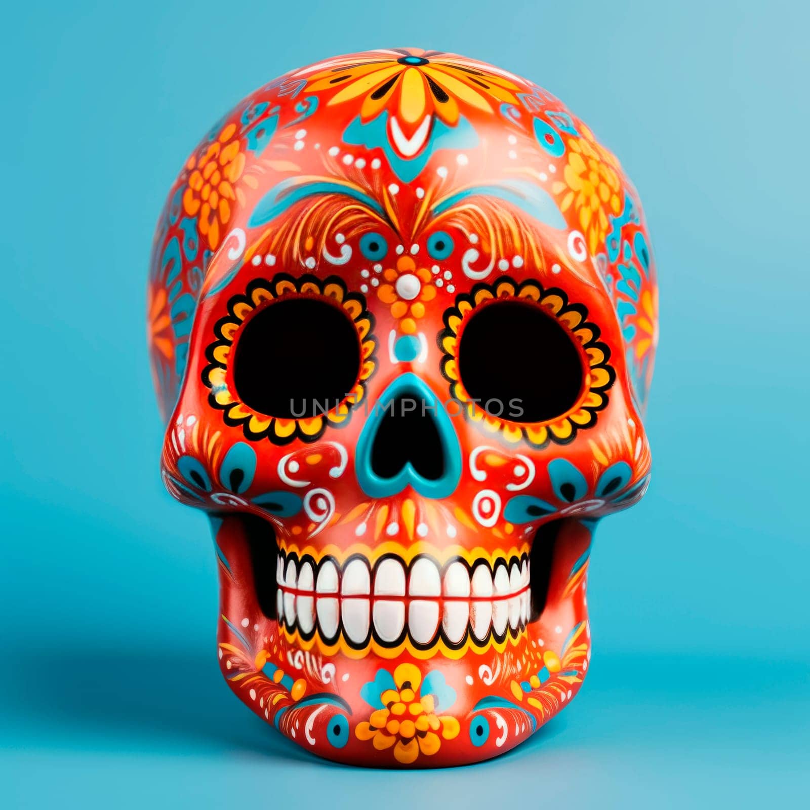 The bright sugarloaf skull is made in Mexican traditions. by Spirina