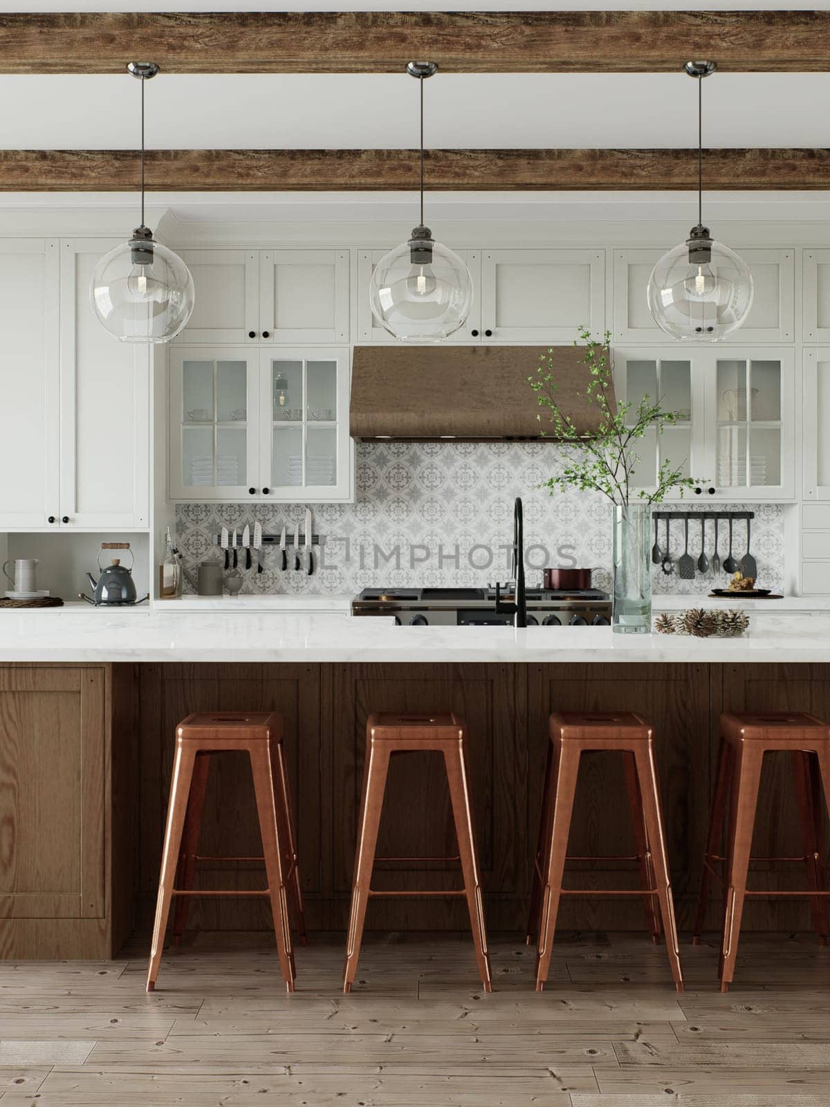 Traditional large L-shaped kitchen with large island and kitchen appliances. Kitchen interior with white cabinets and wooden island. 3D rendering