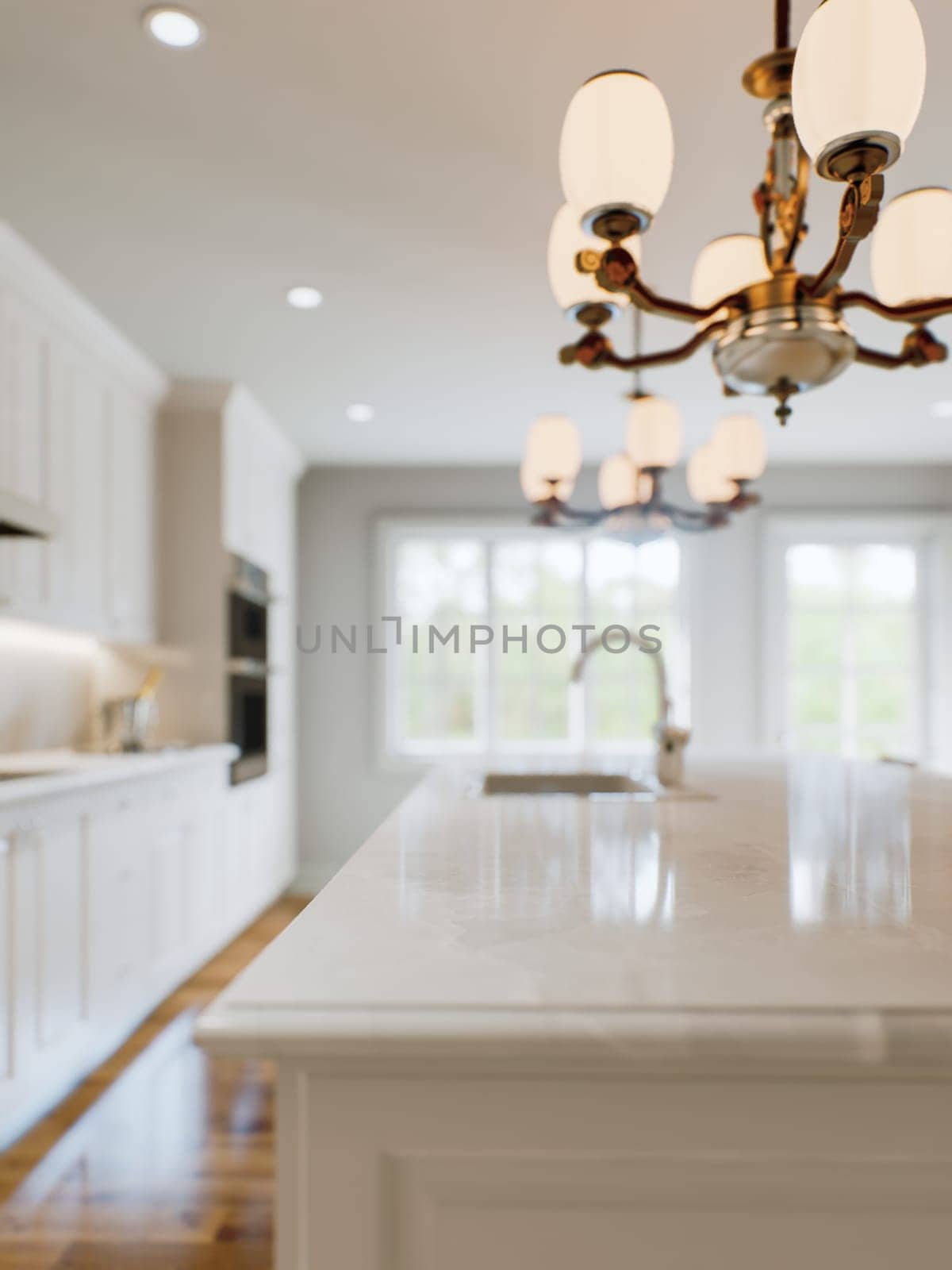 Kitchen white countertop with white marble, with blurred bokeh background. Presentation of goods in the kitchen interior on the countertop surface. 3D rendering