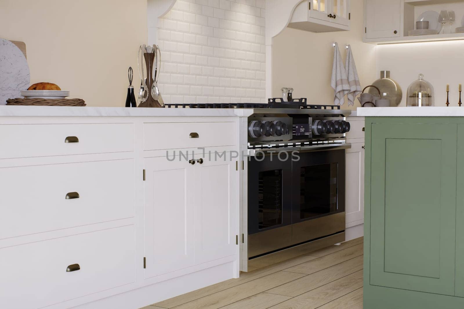 Kitchen interior with an emphasis on the oven and stove with hood. Kitchen interior with household appliances and utensils. 3D rendering