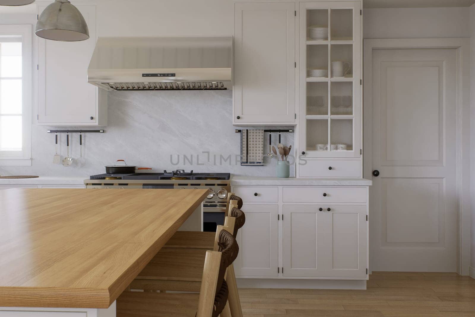 Wooden countertop, empty surface to place your goods, with a blurred kitchen background in the background. by N_Design