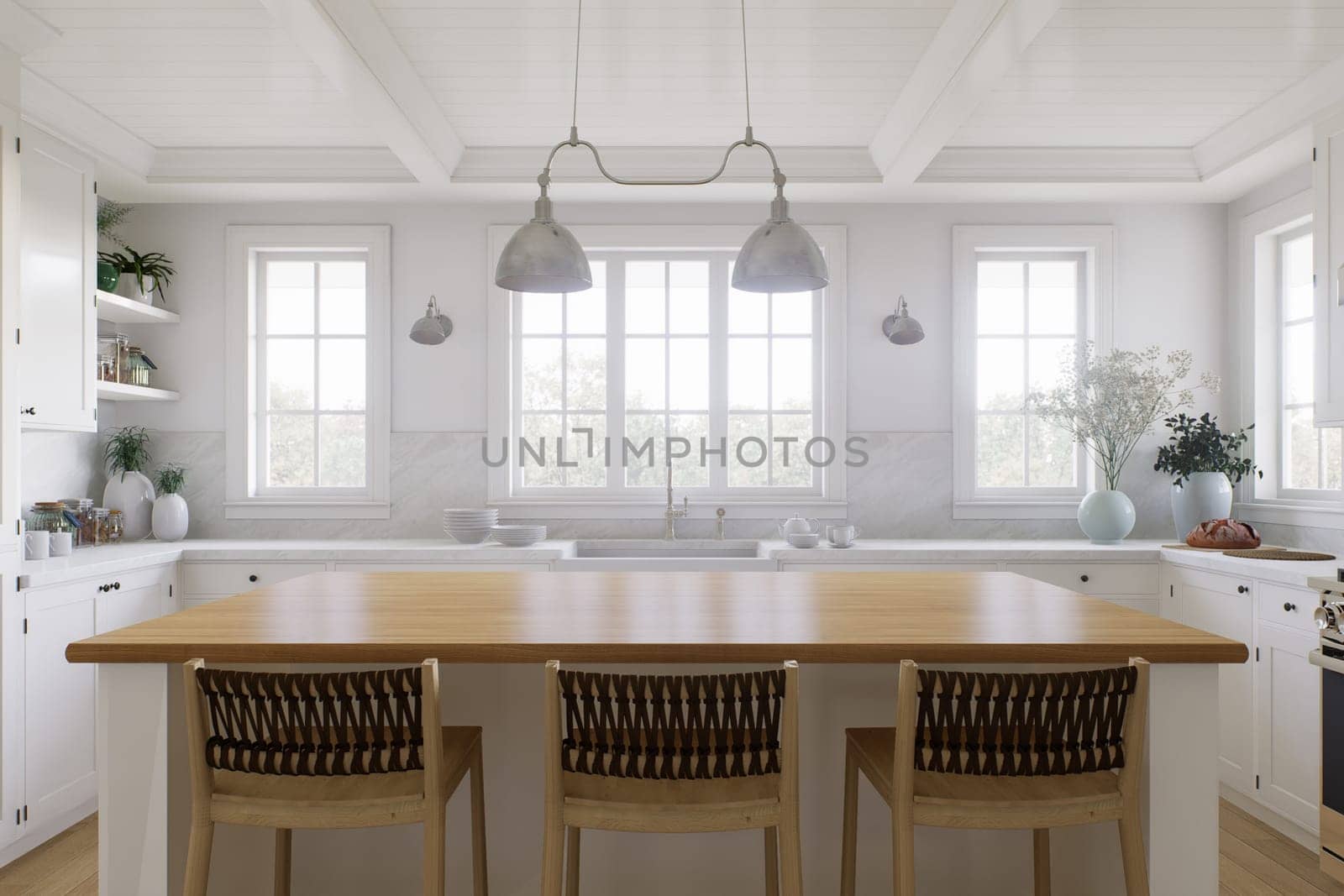 Wooden countertop, empty surface to place your goods, with a blurred kitchen background in the background. Stylish, bright kitchen in traditional style. 3D rendering