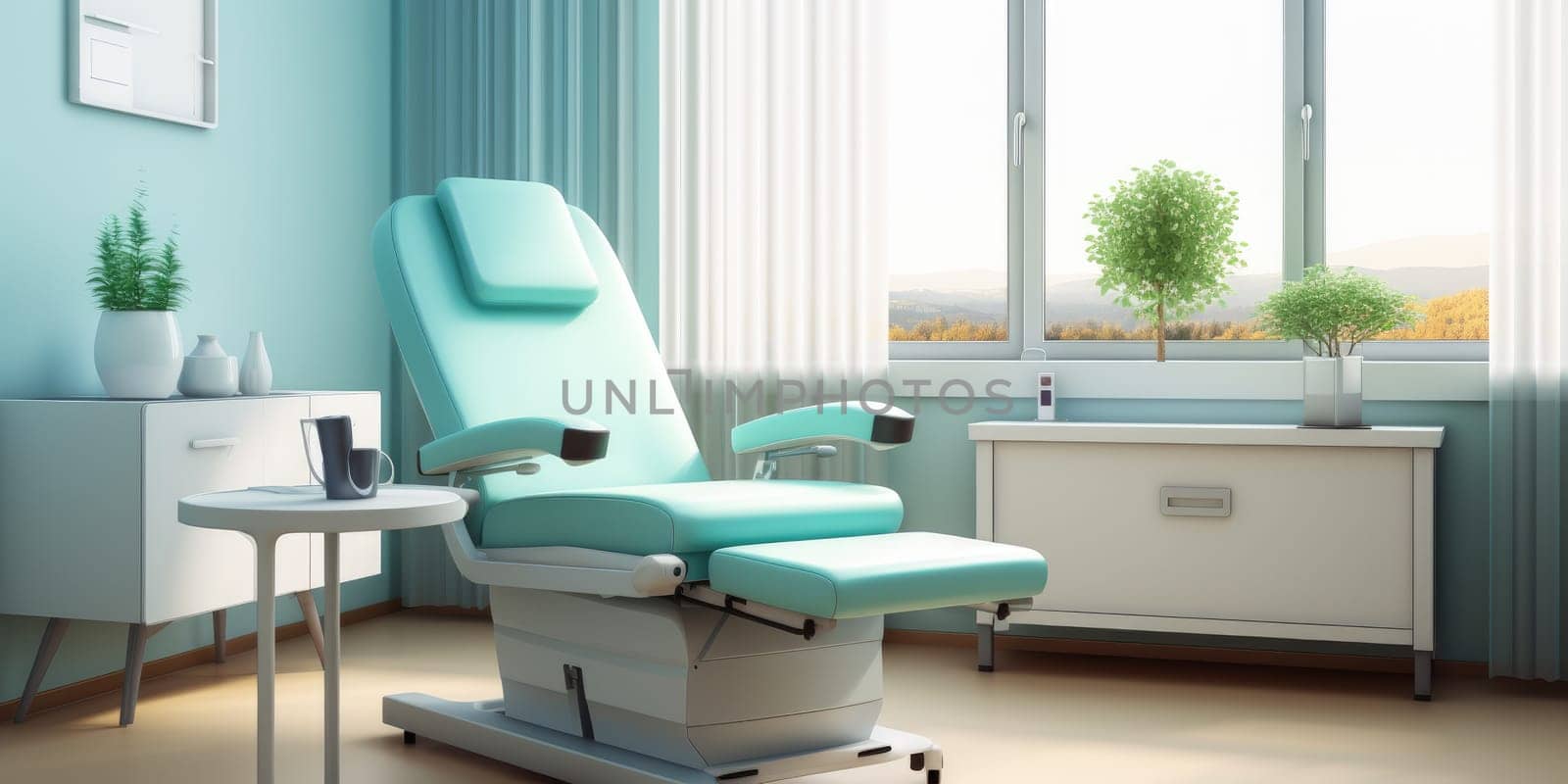 Dentist chair in empty room at clinic. Generative AI by itchaznong