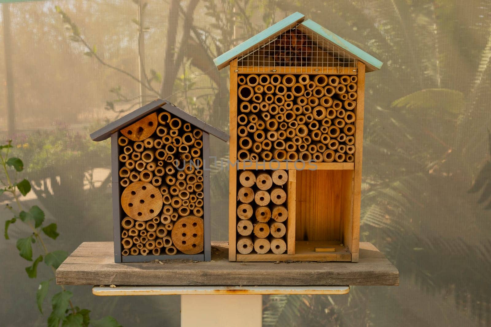 Wooden Insect House, Decorative Bug Hotel, Ladybird And Bee, Fly. Compartments And Natural Components. Outdoor Eco Home For Butterfly Hibernation And Ecological Gardening. Horizontal Plane.