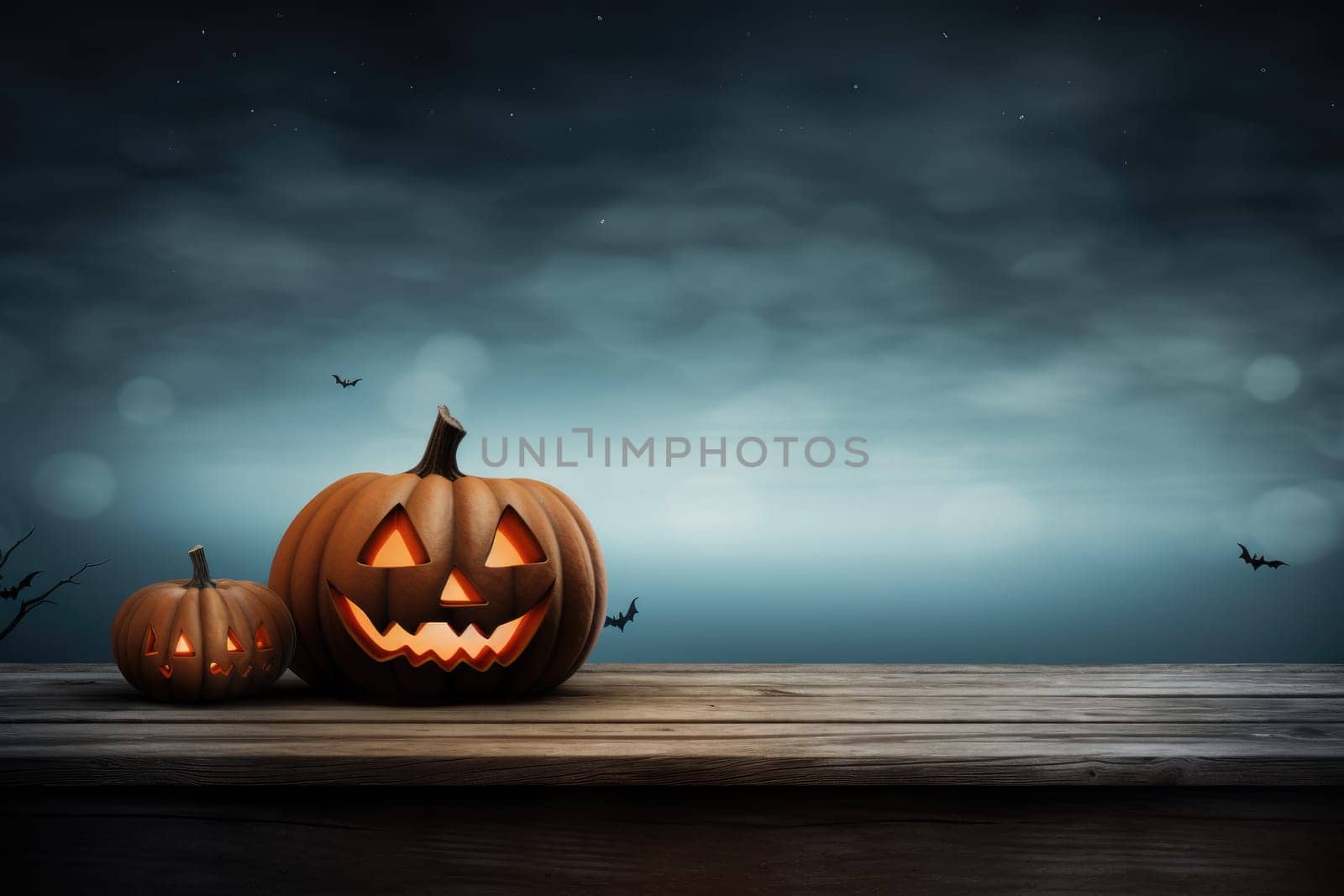 Empty wooden table with pumpkin for product display. Halloween background. Generative AI.