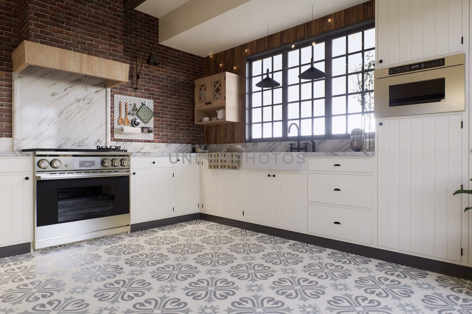 L-shaped kitchen with beams focusing on the stove with hood. by N_Design