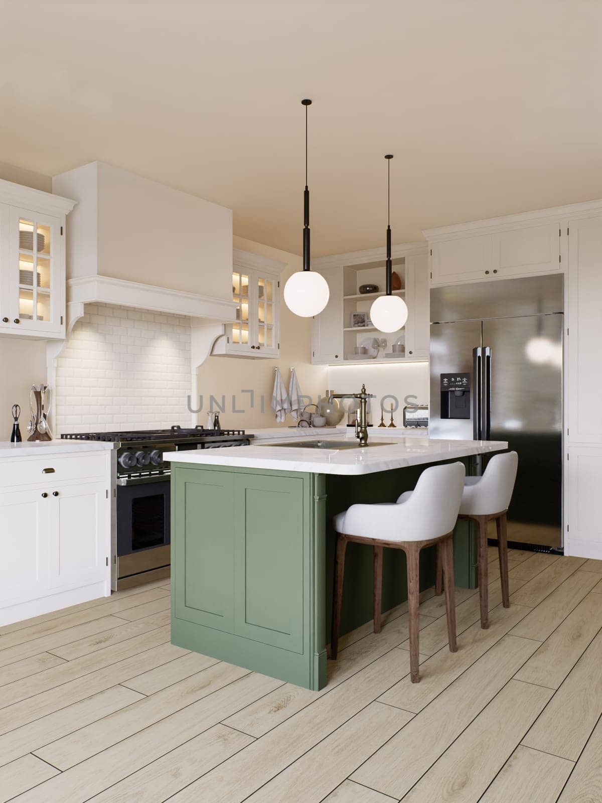 Bright kitchen in warm colors with a green island. Kitchen interior with household appliances and utensils. 3D rendering